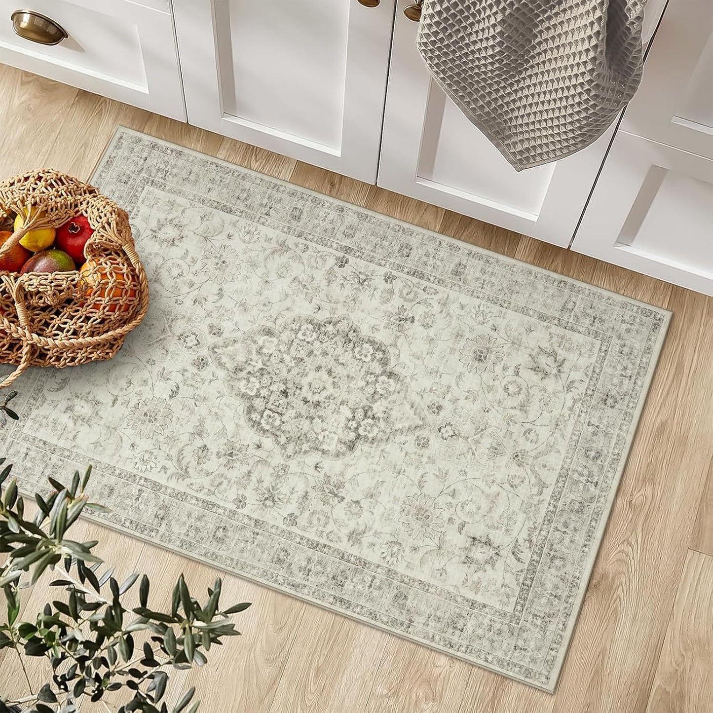 LIVEBOX Washable Rug 2x3 Kitchen Mats for Floor Entryway, Non Slip Front Door Mat for Bathroom Hallway, Boho Low-Pile Small Carpet Farmhouse Throw Indoor Rugs for Bath Sink, Taupe