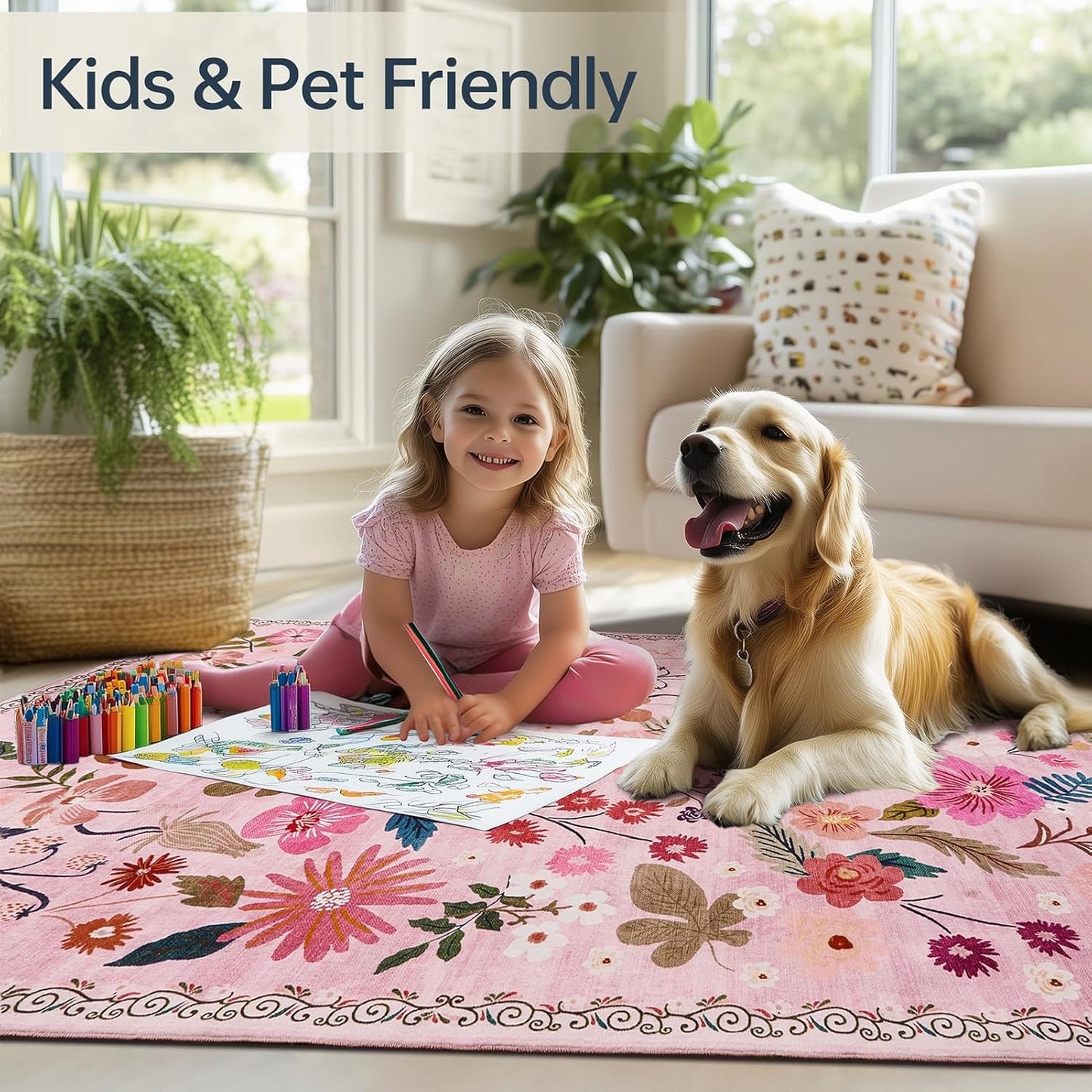 Living Room Rug 6x9 Washable Boho Floral Non Slip Large Aesthetic Pink Area Rugs Vintage Soft Low Pile Stain Resistant Sound Absorbing Big Carpet Rug for Bedroom Dining Room Kids Nursery Girls Dorm