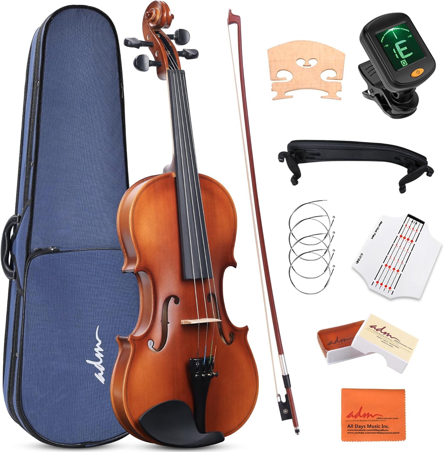 ADM 1/2 Size Wood Violin Set for Kids Teens Students Adults Beginner Acoustic Violin Matte Fiddle Starter Kit with Hard Case, Rosin, Shoulder Rest, Bow, Clip-on Tuner and Fingerboard Sticker