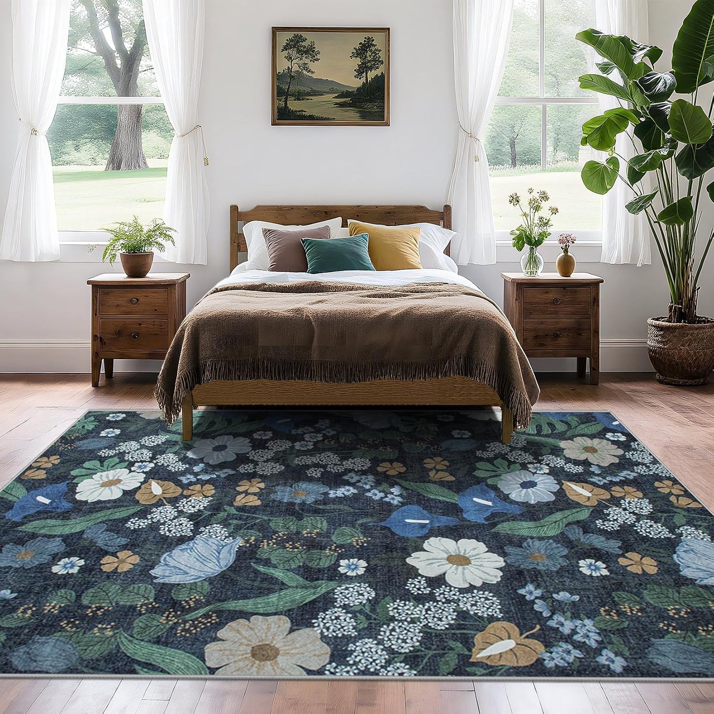 Area Rug Living Room Rugs: 5x7 Washable Rug Vintage Floral Soft Boho Non Slip Carpet Indoor Floor Non Shedding Low Pile Thin Carpets for Bedroom Dining Room Farmhouse Nursery Home Office Blue
