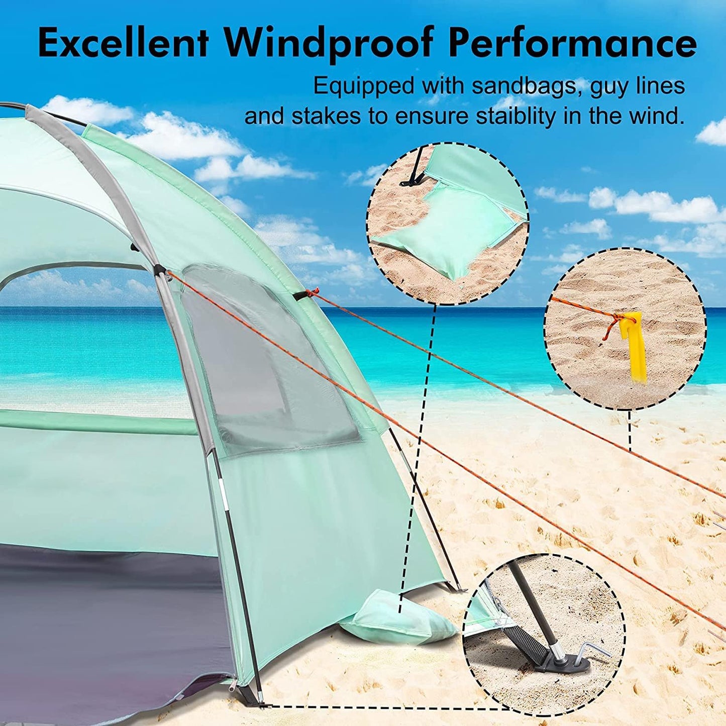 WhiteFang Beach Tent Anti-UV Portable Sun Shade Shelter for 3/4/6/8 Person, Extendable Floor with 3 Ventilating Mesh Windows Plus Carrying Bag, Stakes and Guy Lines