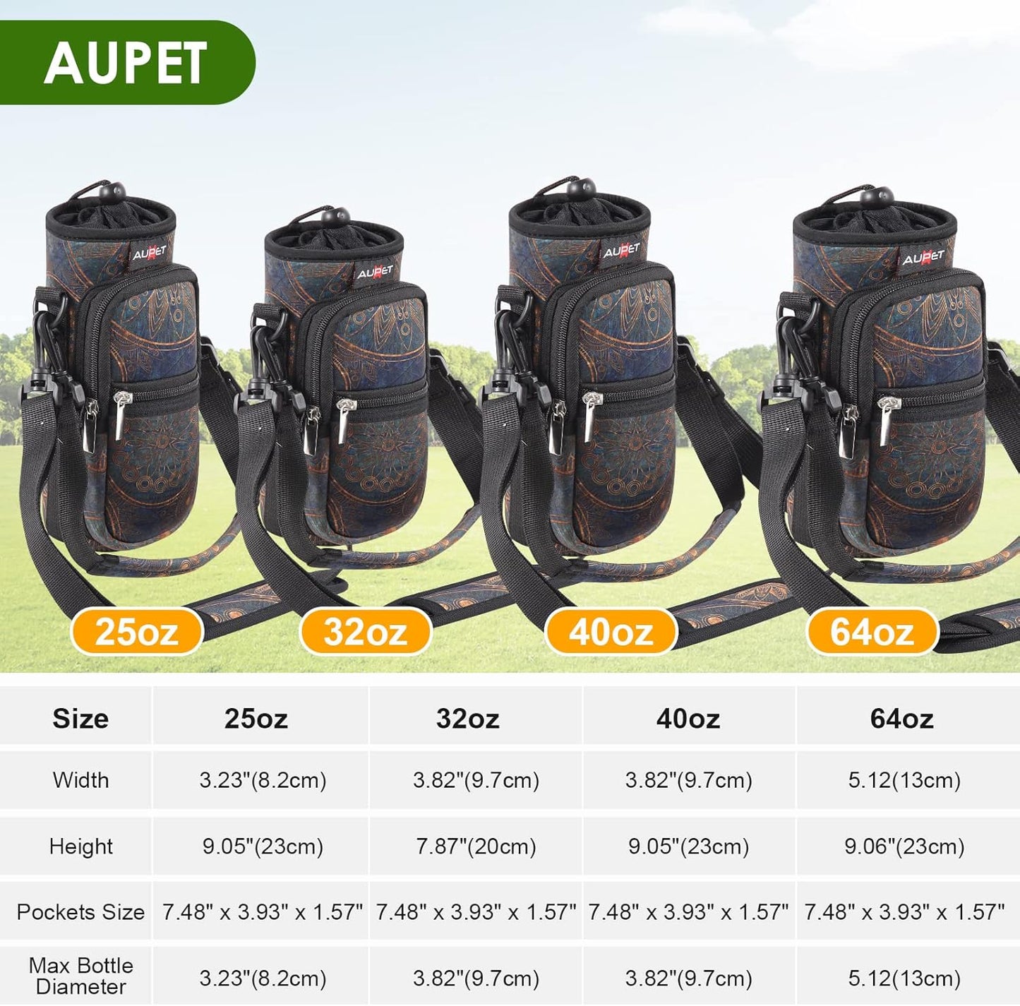 AUPET Water Bottle Sling Bag Sleeve Holder Carrier 25/32/40/64 oz,Insulated Crossbody Water Bottle Case Cover with Strap and Pockets for Men/Women Walking Hiking