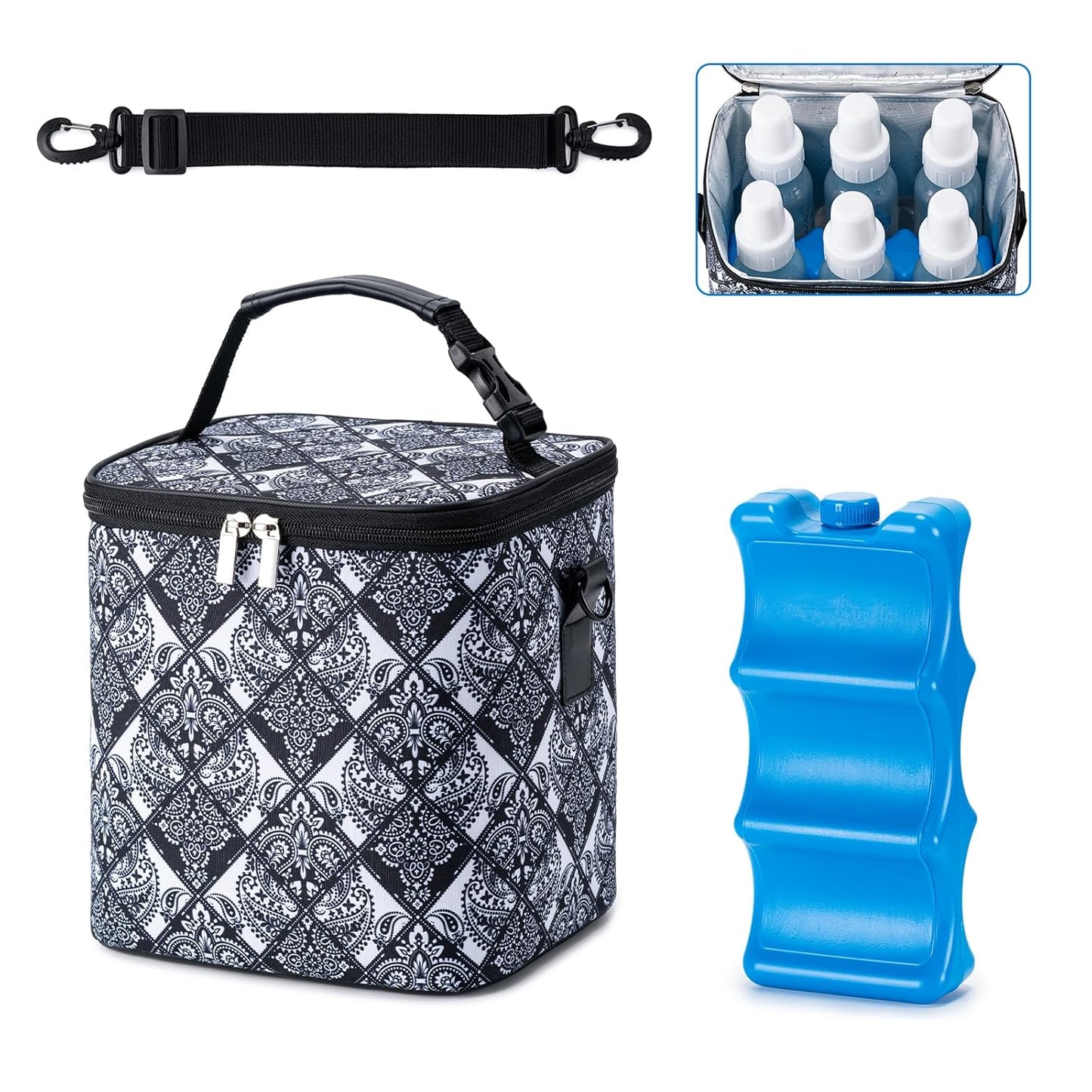 Breastmilk Cooler Bag with Ice Pack Fits 6 Baby Bottles Up to 9 Ounce, Baby Bottle Bag with Shoulder Strap for Nursing Mom Daycare, Black