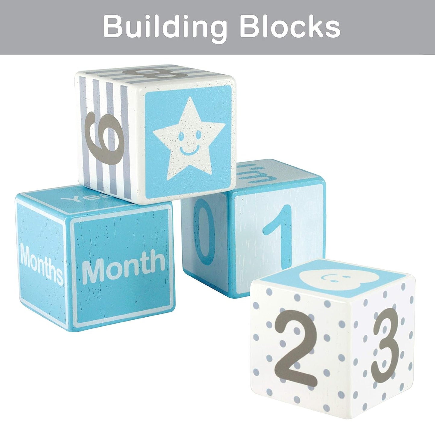 I'm Solid Wood Monthly Weekly Yearly Milestone Age Blocks, Newborn Gifts & Keepsakes for Picture Props (4 Pcs/Blue)