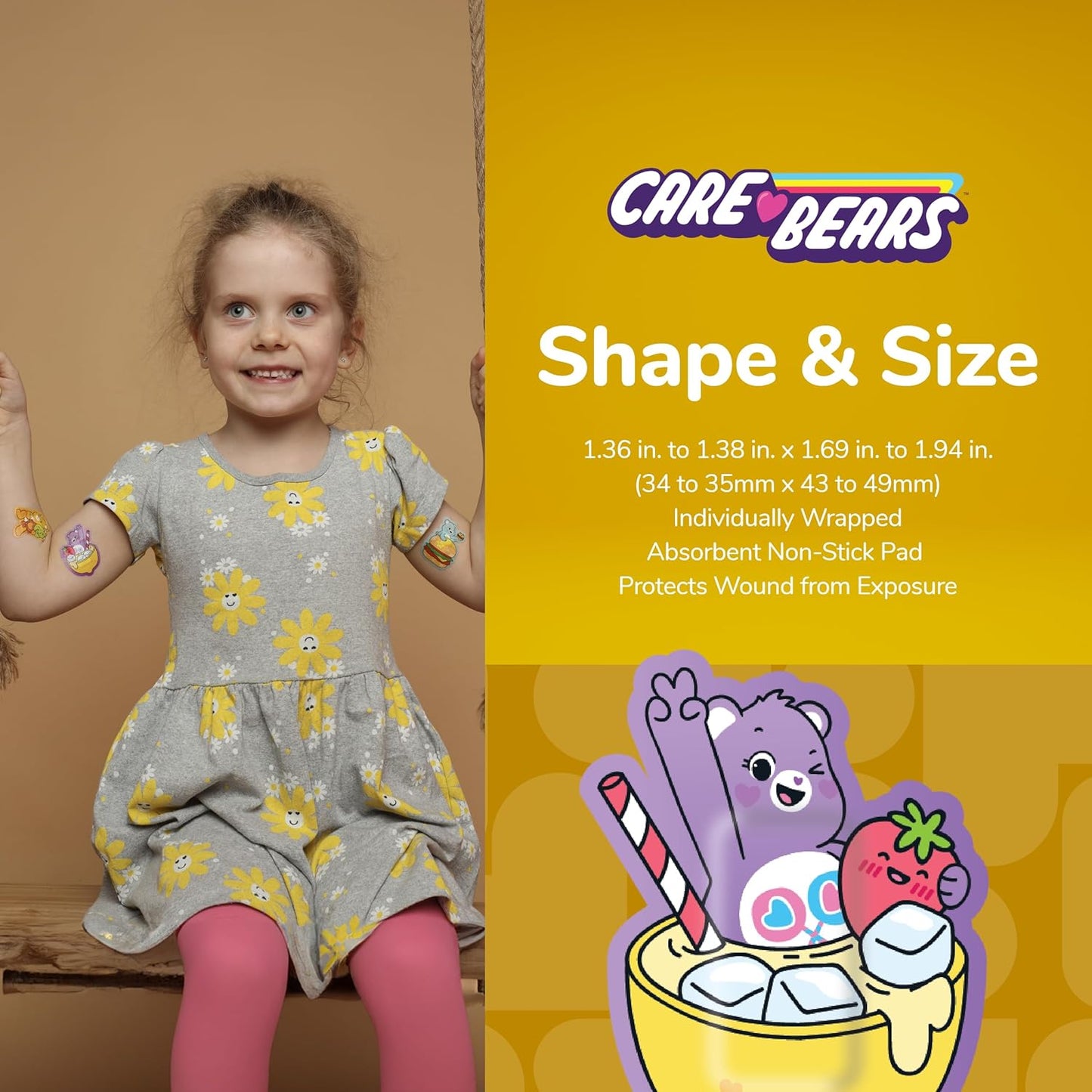 BioSwiss Care Bears Bandages, Sweet and Sour Care Bear Shaped Self Adhesive Bandage, Latex Free Sterile Wound Care, Fun First Aid Kit Supplies for Kids, 50 Count