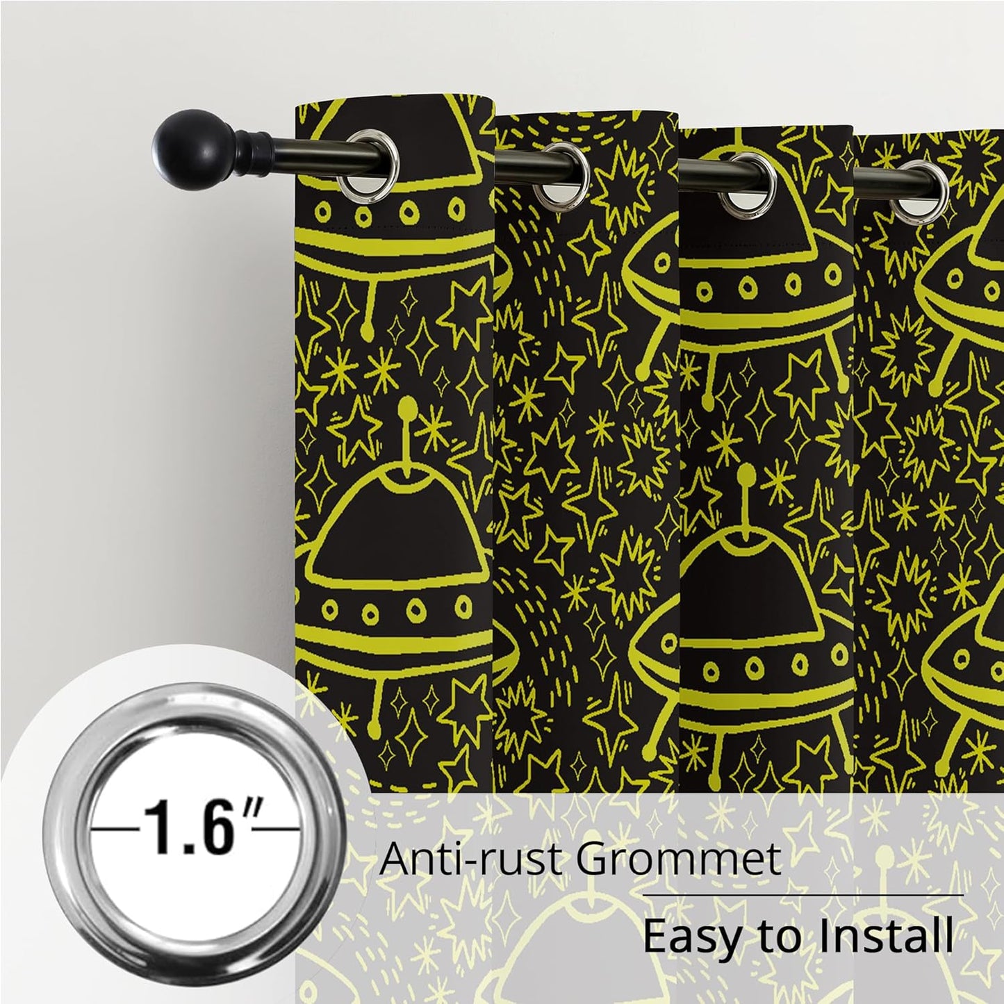 Kids UFO Blackout Curtains - 100% Blackout, Thermal Insulated, Noise Reducing, Perfect for Kids Room and Nursery, 2 Panels (Neon UFO Night, W52×L63)