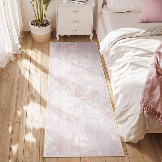 Washable Area Rugs 2'x6' Non-Slip Modern Abstract Soft for Living Room Entryway Bedroom Nursery, Print Pattern, Grey Pink