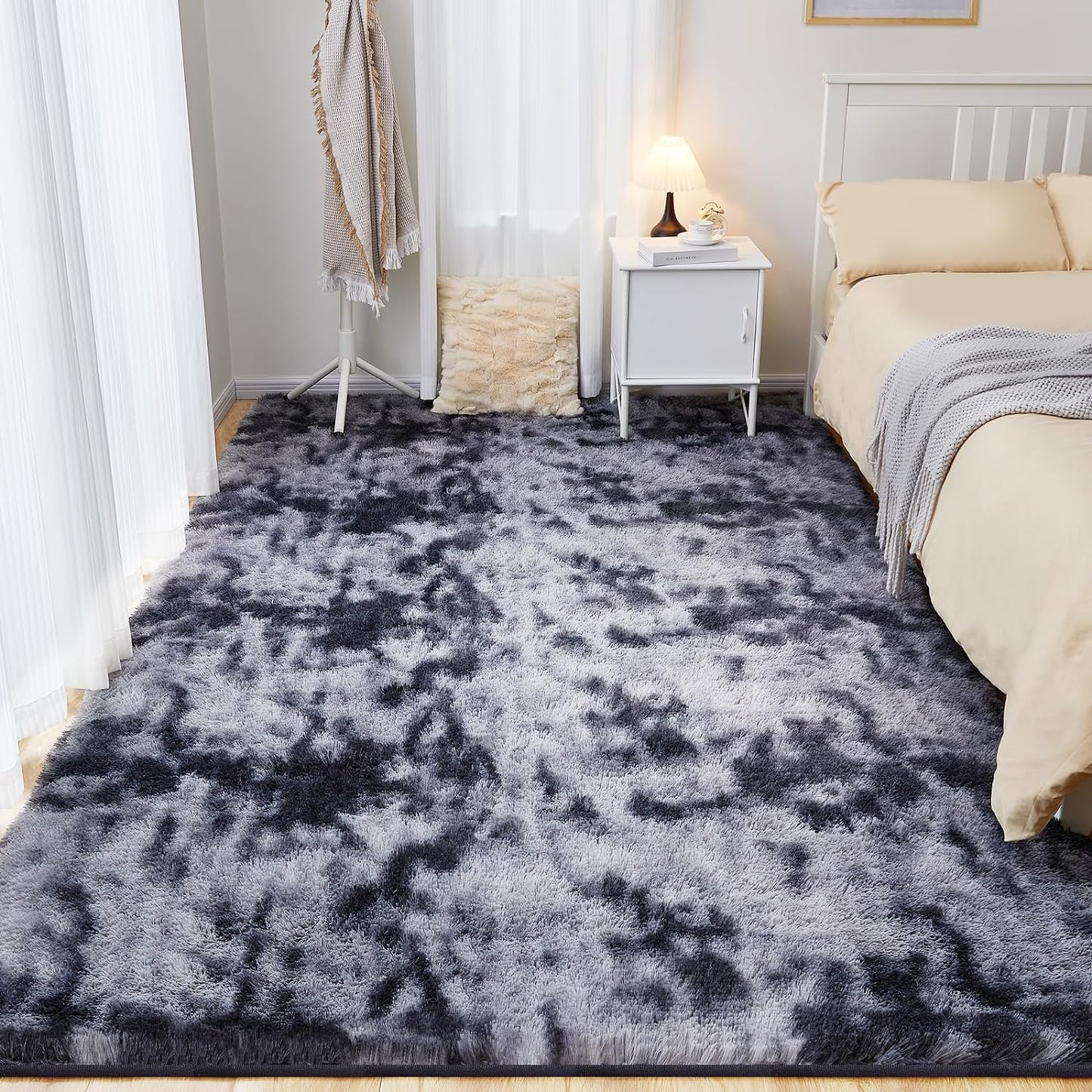 Fluffy Shag Area Rug, 4x6 Tie-Dyed Dark Grey Rugs for Bedroom, Soft Plush Area Rugs for Living Room, Non-Slip Indoor Carpet for Nursery, Study Room, Dressing Room, Home Decor