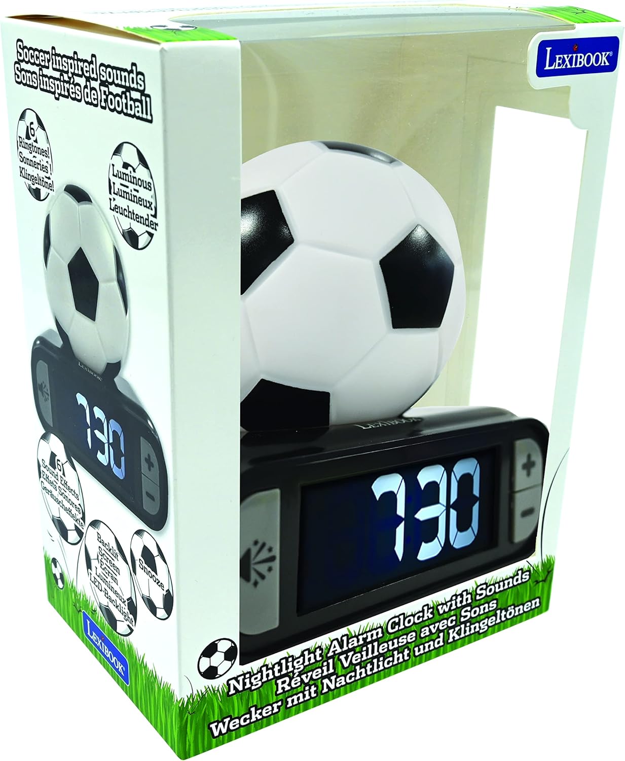 LEXiBOOK - Soccer Ball Digital Alarm Clock with Night Light Snooze, Clock, Luminous Soccer Ball, Black Colour - RL800FO