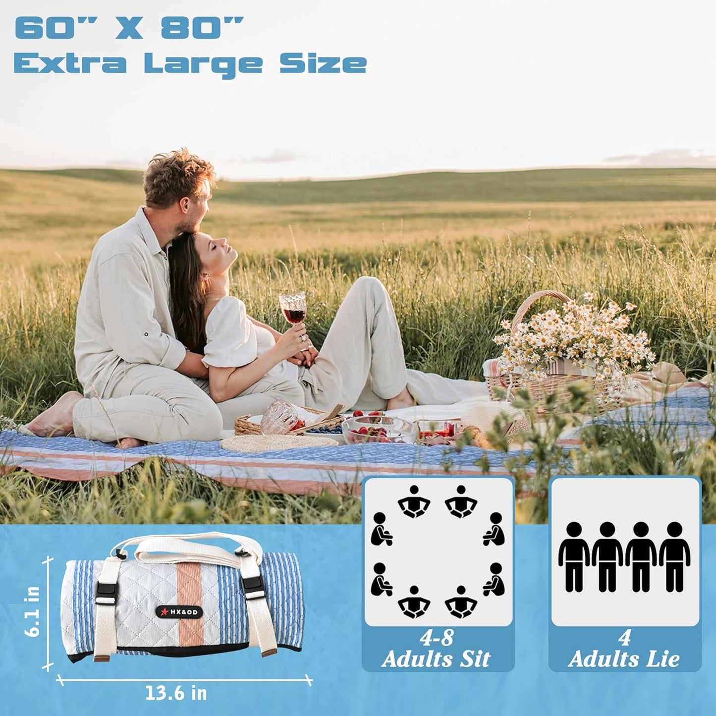 Waterproof Picnic Mat, Outdoor Camping Oversized Field Blanket. Portable Thickened Camping Blanket, Suitable for Beach, Camping, Music Festival, Party, Outdoor Adventure. (Yellow&Blue&White, 80”x60”)
