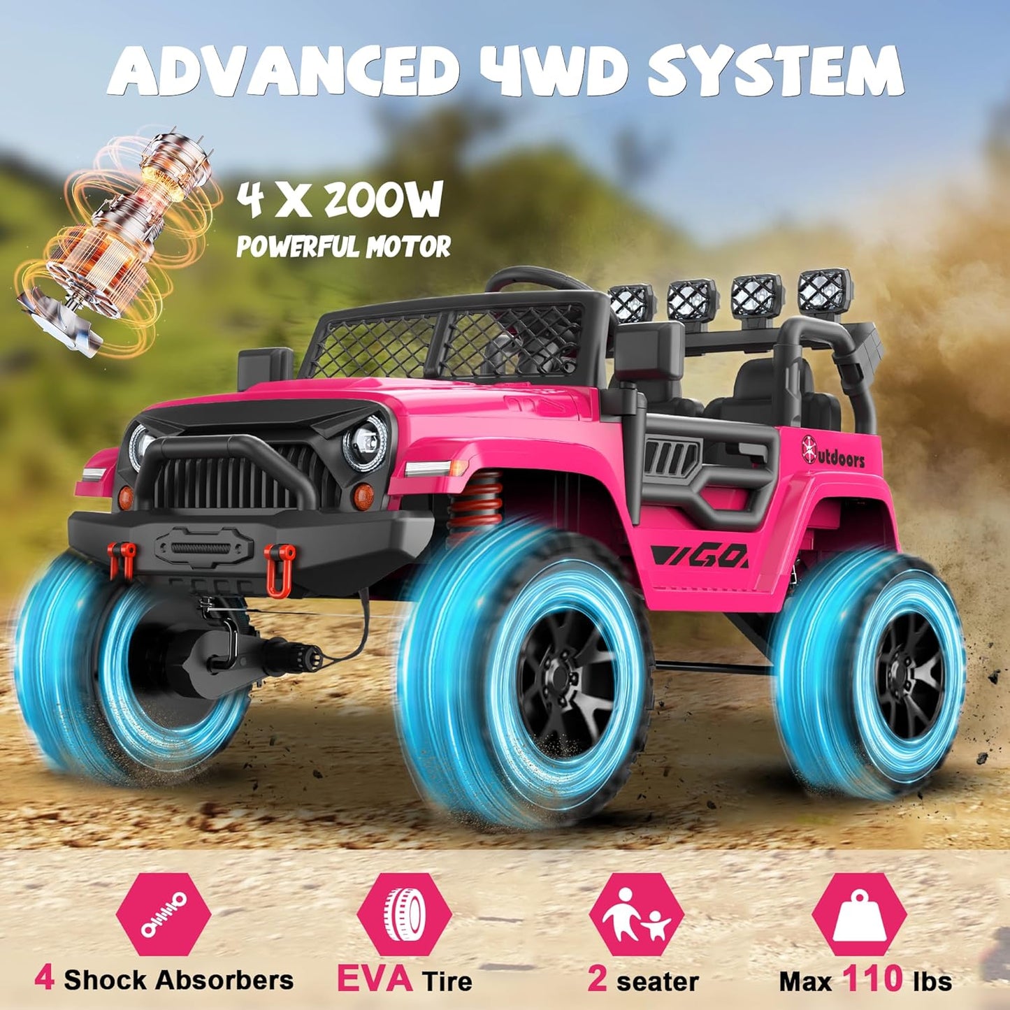 ANPABO 24V 2 Seater Ride On Car for Kids w/EVA Tires, 4X200W Motors, 4 Shock Absorbers, 2.4G Remote Control, Bluetooth Radio, LED Headlights & Searchlights, Electric Car for Kids Ages 3-8, Pink