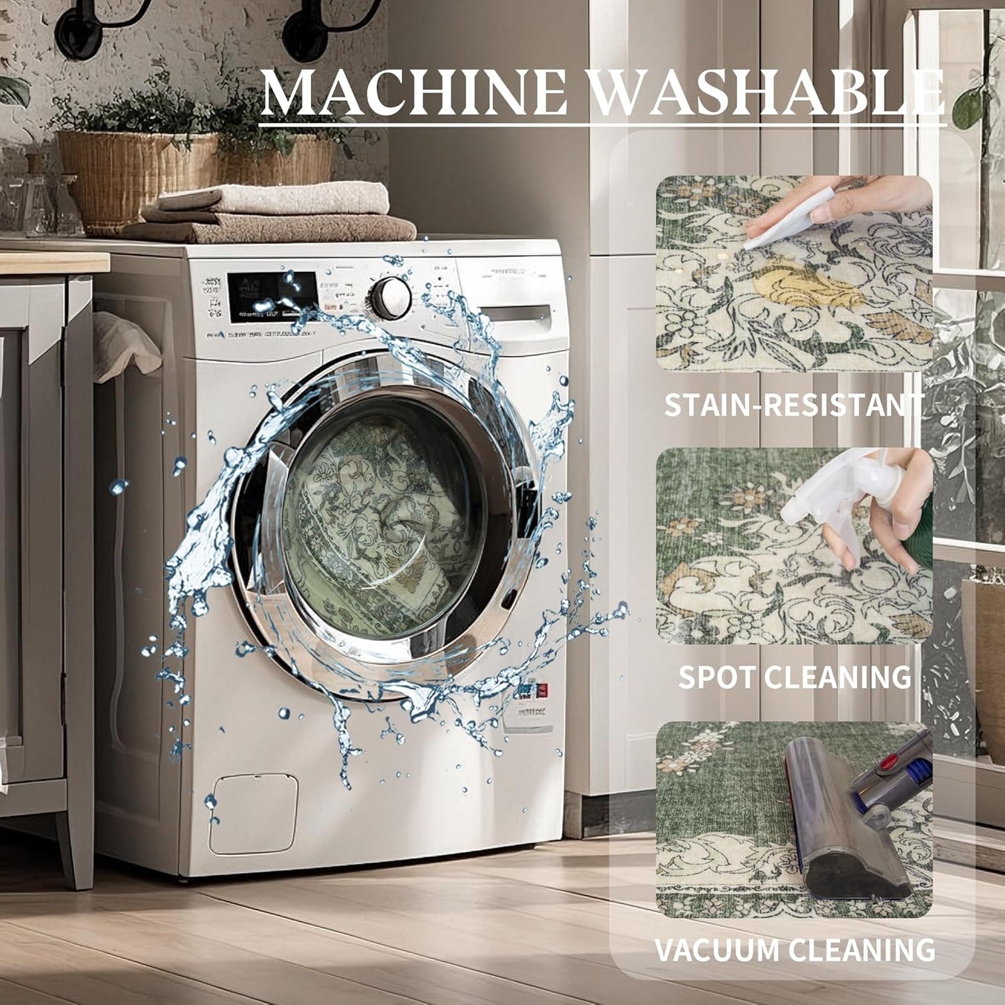 5x8 Area Rug Washable: Oriental Soft Area Rug for Living Room Bedroom No Shedding - Low Pile Thin Carpet Rug for Dining Room Non Slip - Boho Vintage Rug for Home Decor - Olive Green