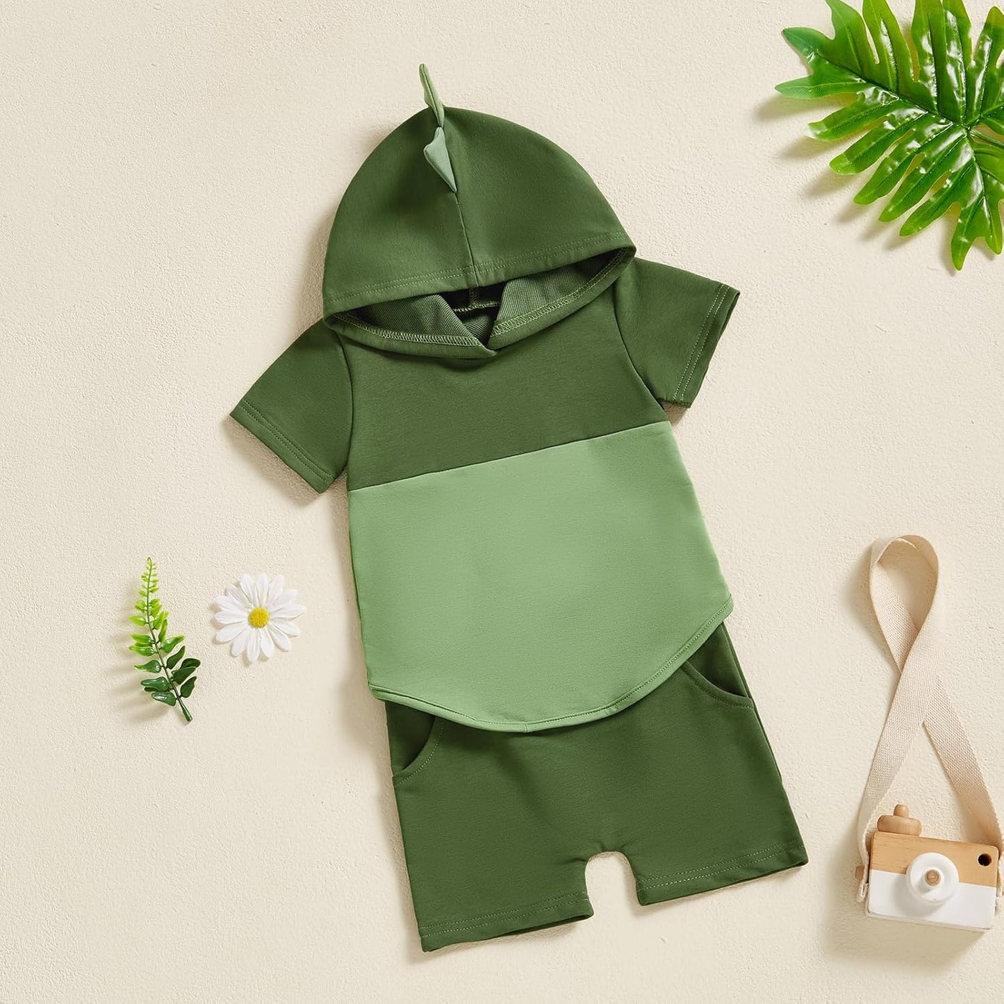 Toddler Baby Boy Summer Hooded Outfit Contrast Color Short Sleeve T Shirt Top Elastic Shorts Summer Clothes Set