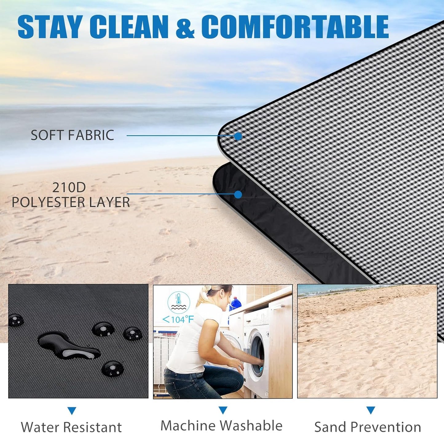 Picnic Outdoor Blankets Waterproof Extra Large - Beach Mat Sand Free Foldable with Carry Strap | Portable Camping Blanket | Park Blanket for Grass Park, Hiking, Travel, Concerts, Indoor (Black)