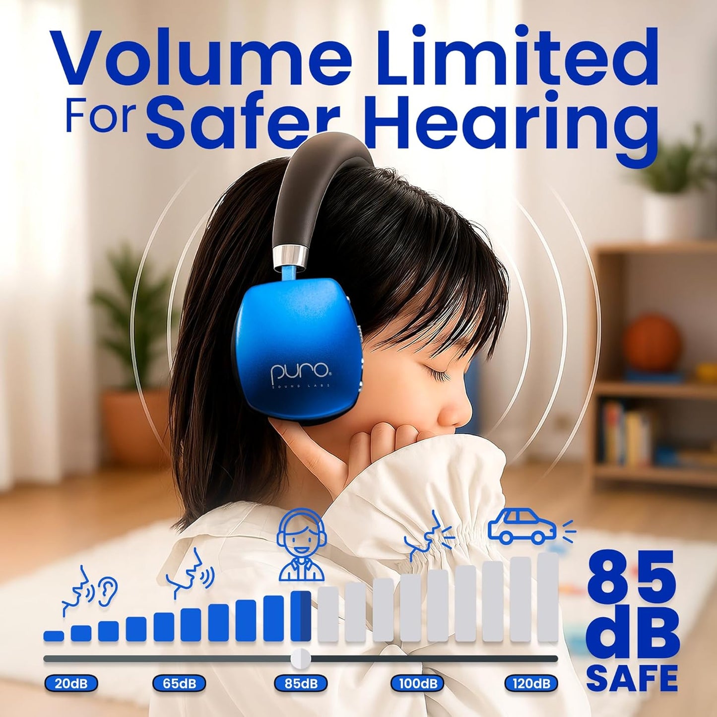 Puro Sound Labs PuroQuiet Plus Noise Cancelling Headphones for Kids, Bluetooth Kids On Ear Headphones with Mic, Lightweight On-Ear Design, Studio-Grade Sound (Blue)