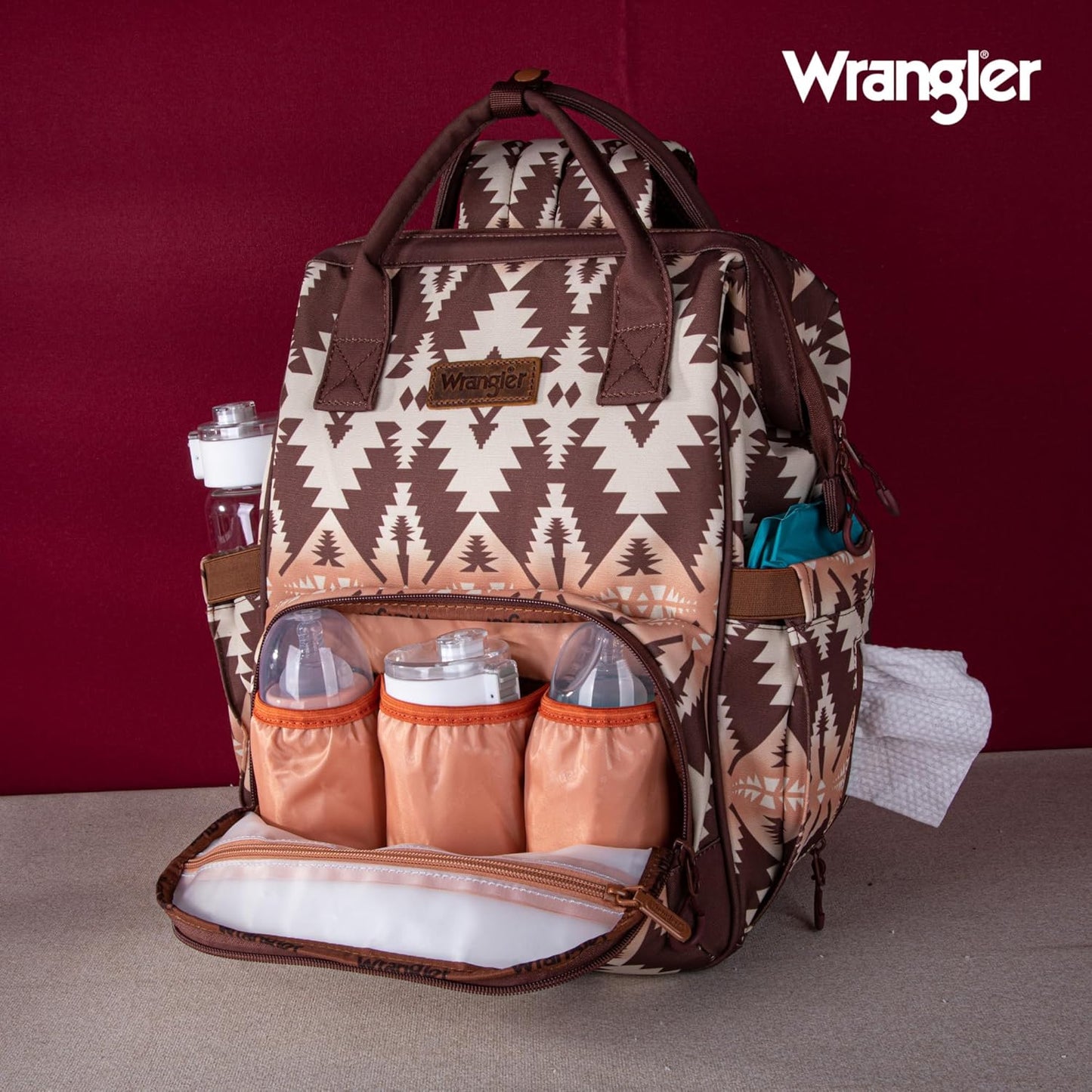 Wrangler Diaper Bag Backpack Aztec Travel Backpack Purses Western Multi-Function Baby Bags for Mom with Waterproof Insulated Pockets