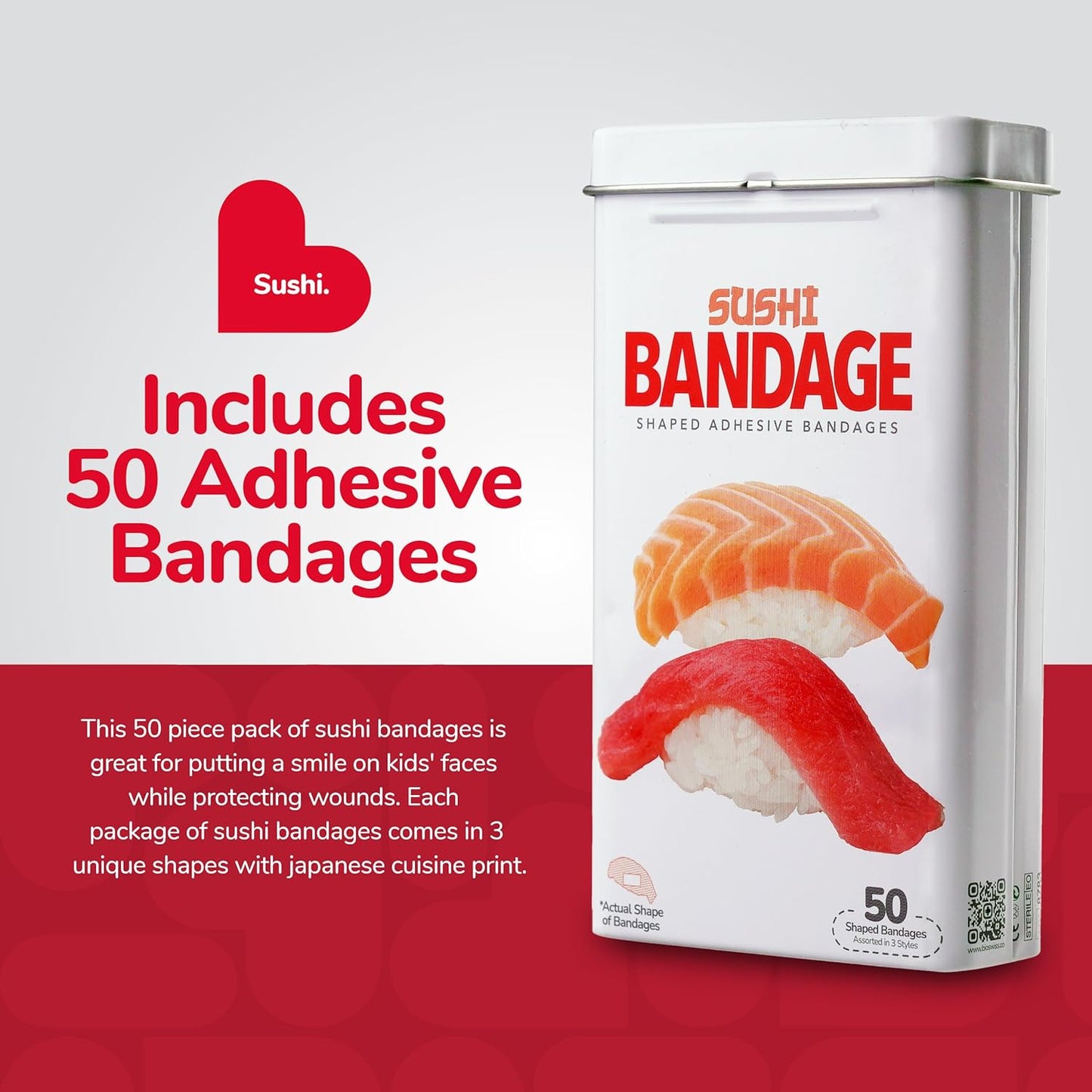 BioSwiss Bandages, Sushi Shaped Self Adhesive Bandage, Latex Free Sterile Wound Care, Fun First Aid Kit Supplies for Kids, 50 Count