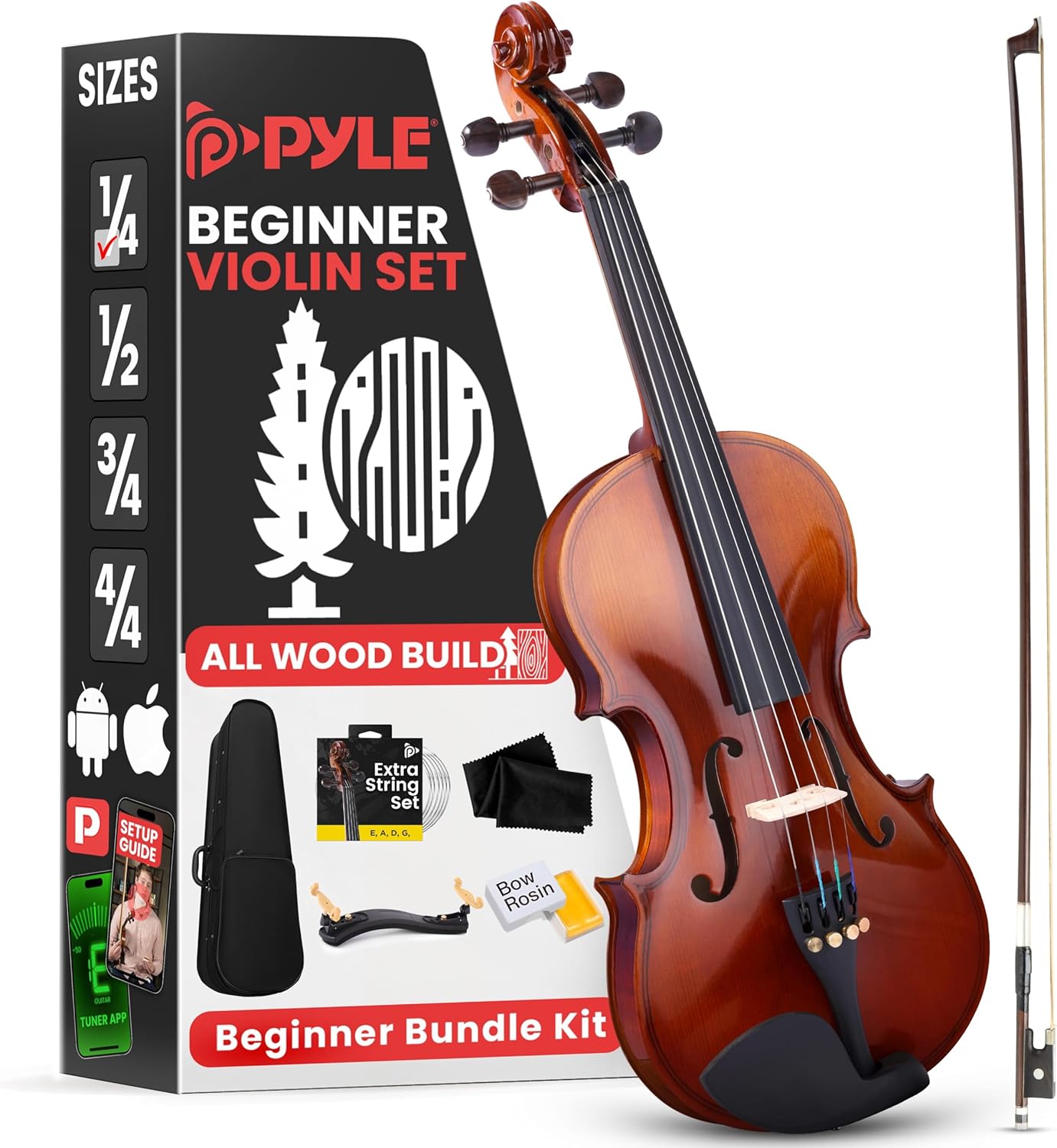 Pyle 1/4 Size Beginner Violin Starter Kit, Violin Starter Package with Travel Case & Bow, Extra Strings, Digital Tuner, Shoulder Rest & Cleaning Cloth for Students, Kids, Adults