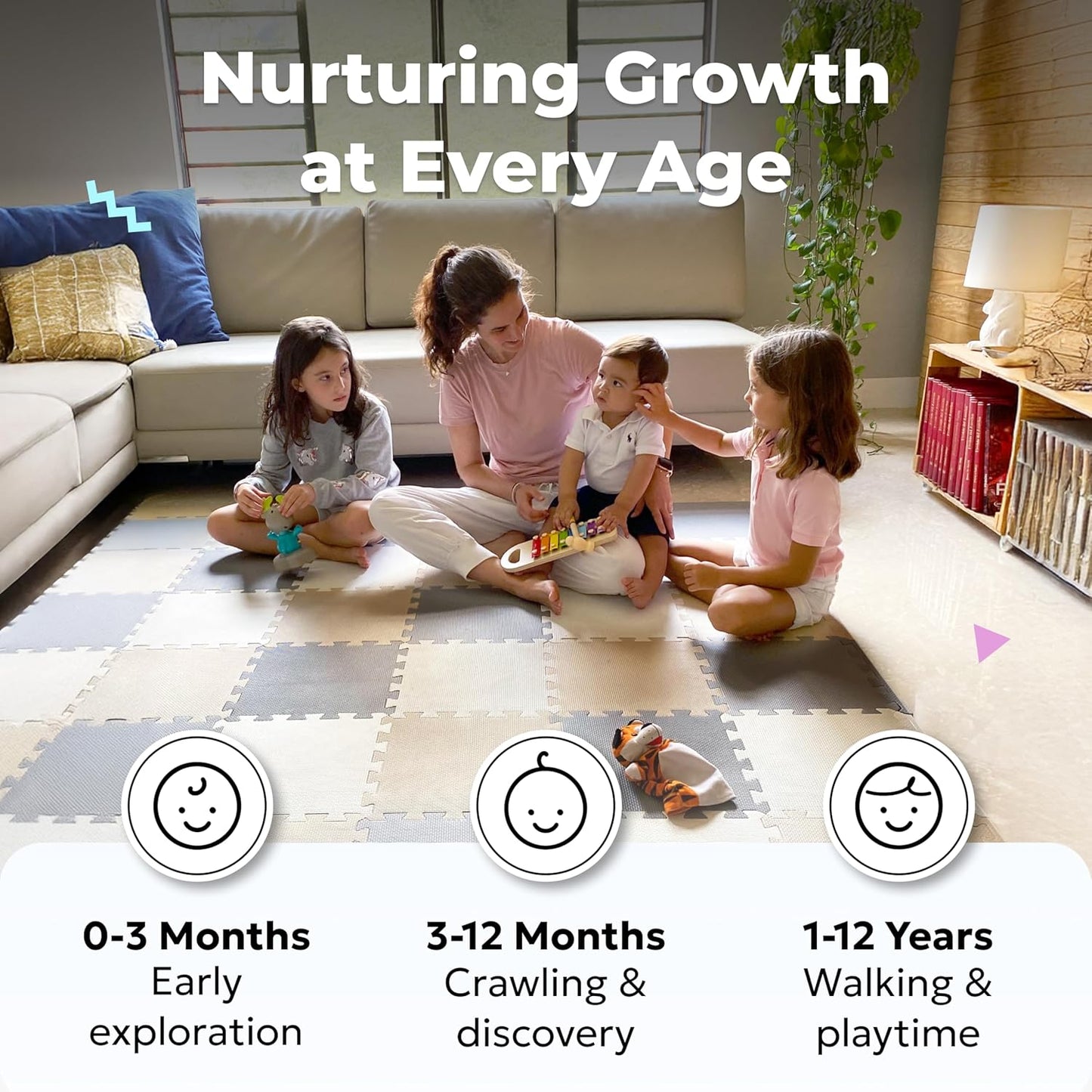 MioTetto Foam Floor Tiles for Kids - Non-Toxic Comfortable Baby Play Mat and Interlocking Foam Tiles, Fits with 74x74 Playpen Mat for Crawling & Development, Soft Play Mat for Babies 6-12 Months