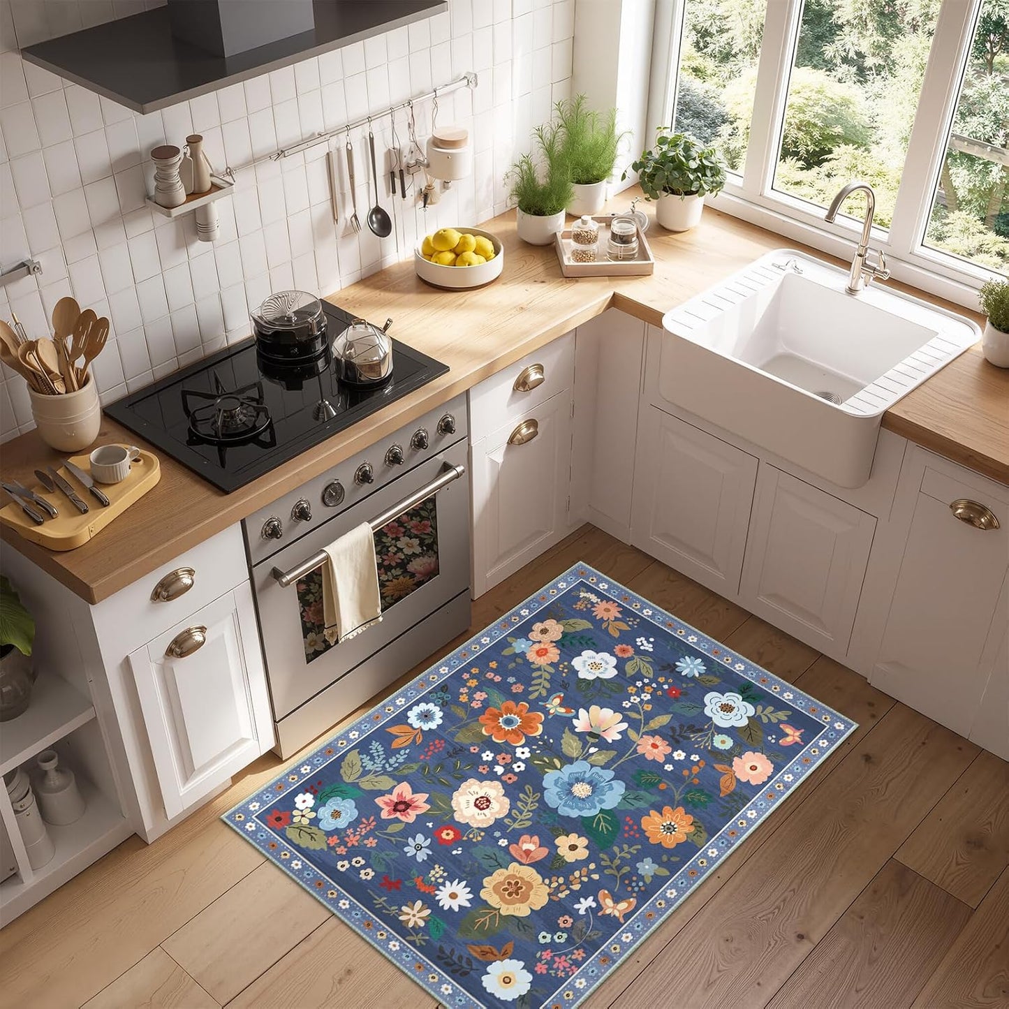 Floral 2x3 Area Rug Machine Washable Soft Print Boho Carpet Non Slip Doormat Low Pile Flower Area Rugs for Living Room Bedroom Nursery Kitchen Dining Room Indoor-Blue/Grey