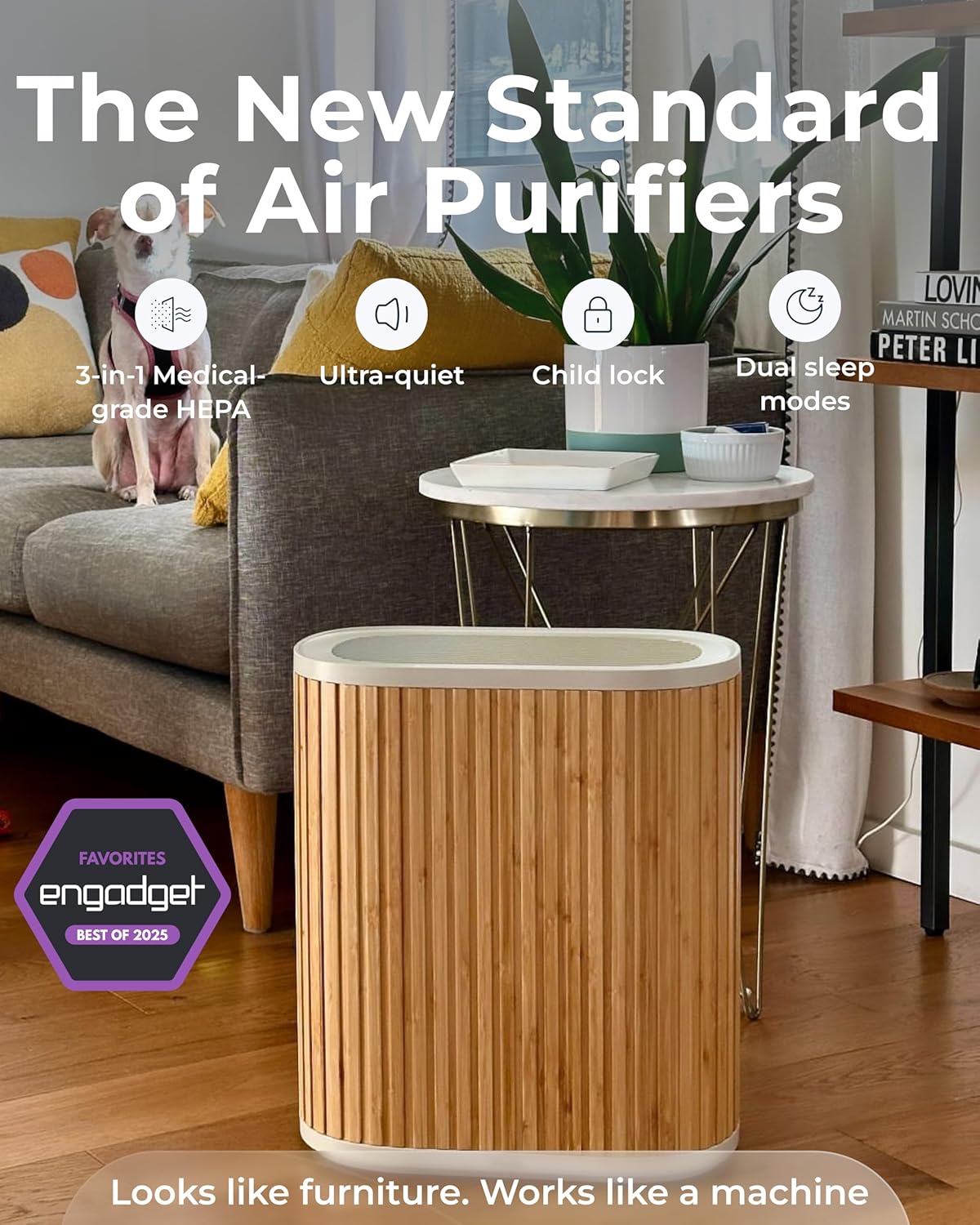 Windmill Air Purifier for Home - 3-In-1 Filtration for Smoke & More - True HEPA Filter, Activated Carbon, & Pre-Filter - Covers Up To 1950 sq ft - Ultra-Quiet - App Compatible - Bamboo