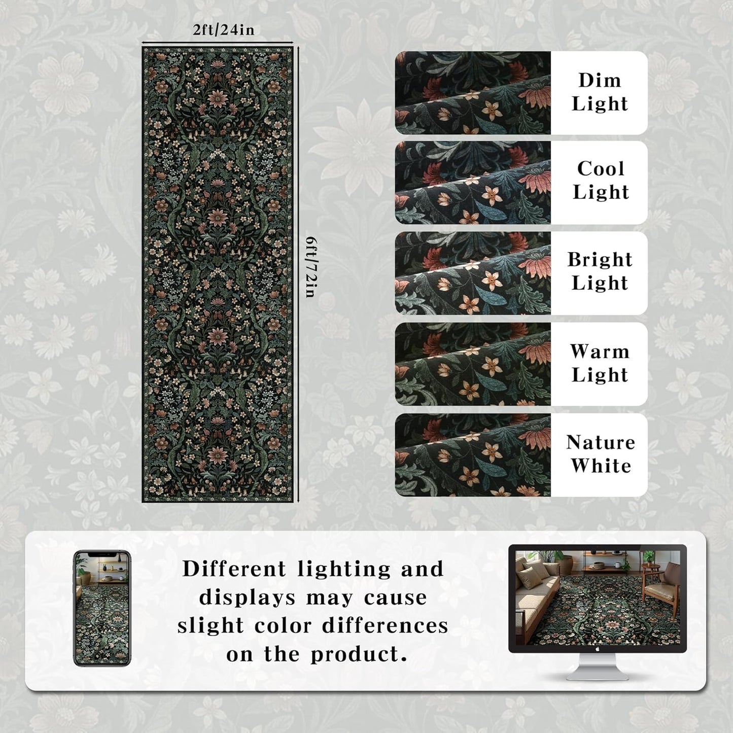 2x6 Washable Runner Rug,Black Floral Boho Area Rug for Hallway,Low-Pile Non-Slip Stain Resistant Carpet for Kitchen, Bedside,Laundry Room,Entryway