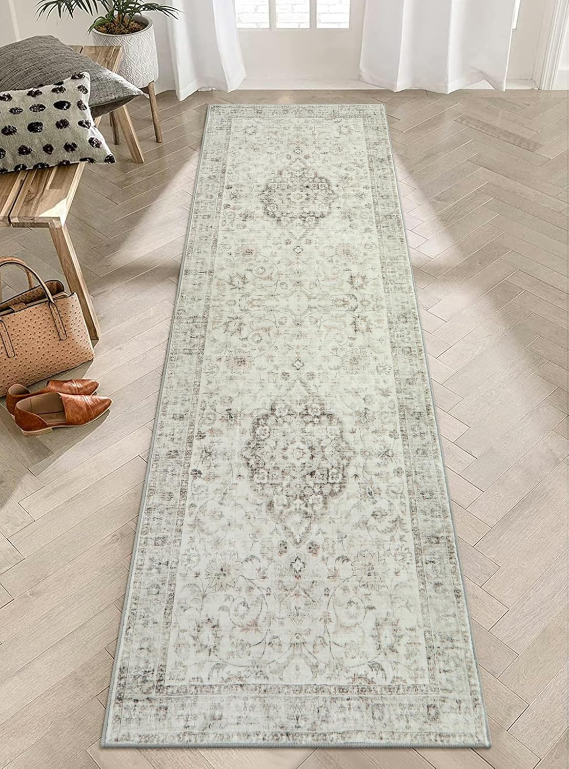 LIVEBOX Washable 2.5x8 Runner Rugs for Entryway Bathroom, Boho Kitchen Floor Mats Long Rug Runners for Hallways Non Slip, Farmhouse Low-Pile Carpet Runners for Laundry Room, Taupe