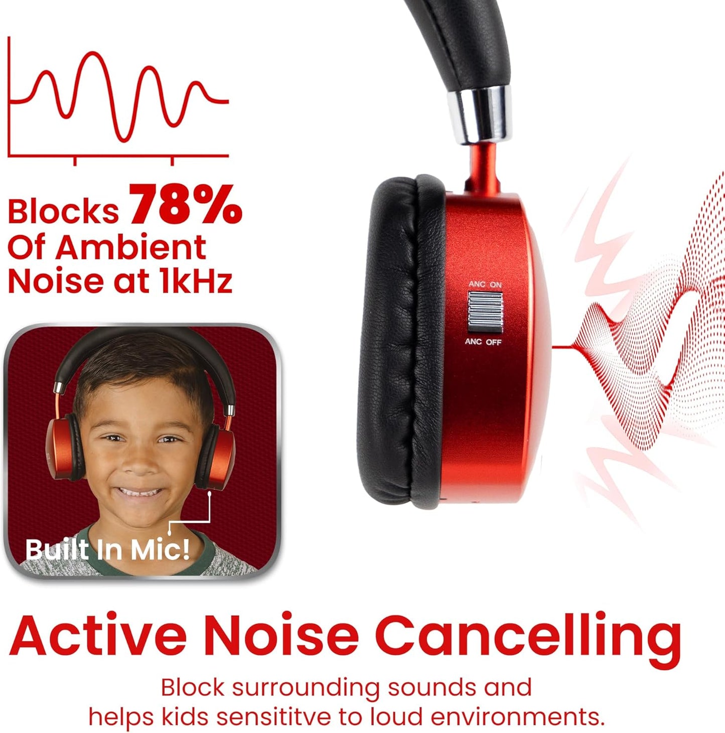 Puro Sound Labs PuroQuiet Plus Kids Noise Cancelling Headphones, Bluetooth Kids On Ear Headphones with Mic, Lightweight On-Ear Design, Studio-Grade Sound (Red)