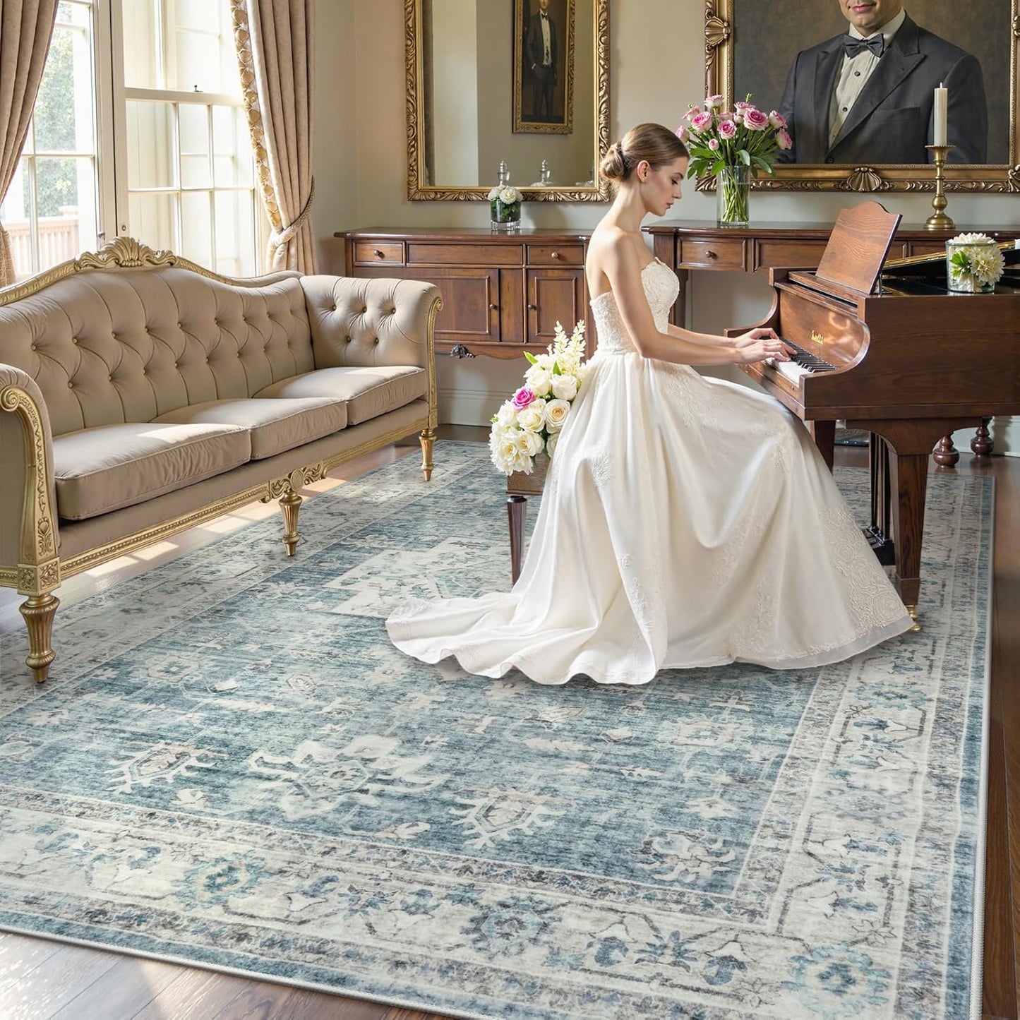 LIVEBOX Washable Area Rug 8x10 Rugs for Living Room Bedroom, Non-Slip Boho Indoor Carpet for Dining Room Office, Low-Pile Farmhouse Soft Carpets for Kids Nursery Room Playroom, Blue