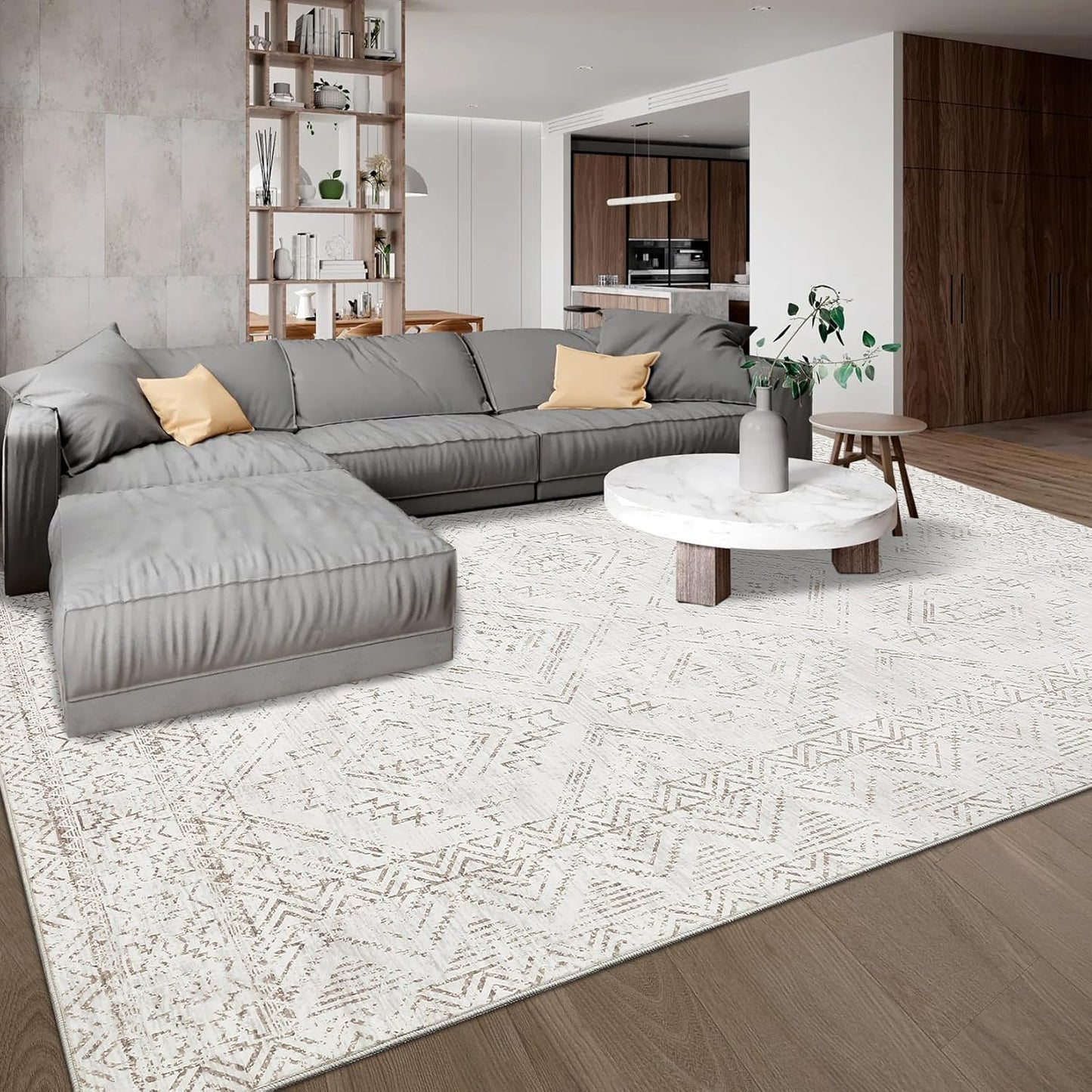 COZYLOOM 10x13 Area Rug Living Room Washable Rugs Stain Resistant for Bedroom Soft Floor Carpet Non Slip Distressed Geometric Carpet for Dining Room Laundry Room Office, Ivory