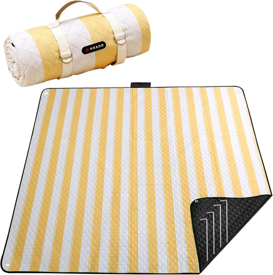 HX&OD Outdoor Picnic Blanket Extra Large, 80''*80'' Waterproof Picnic Mat with Stakes Foldable Camping Blanket Portable with Carry Strap for Beach Mat (Yellow& White, 80''*80'')