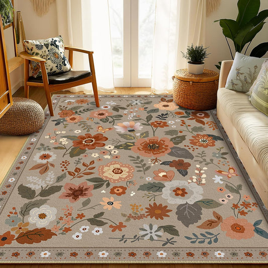 Floral 5x7 Area Rug Machine Washable Soft Print Boho Carpet Non Slip Doormat Low Pile Flower Area Rugs for Living Room Bedroom Nursery Kitchen Dining Room Indoor-Brown/Brick