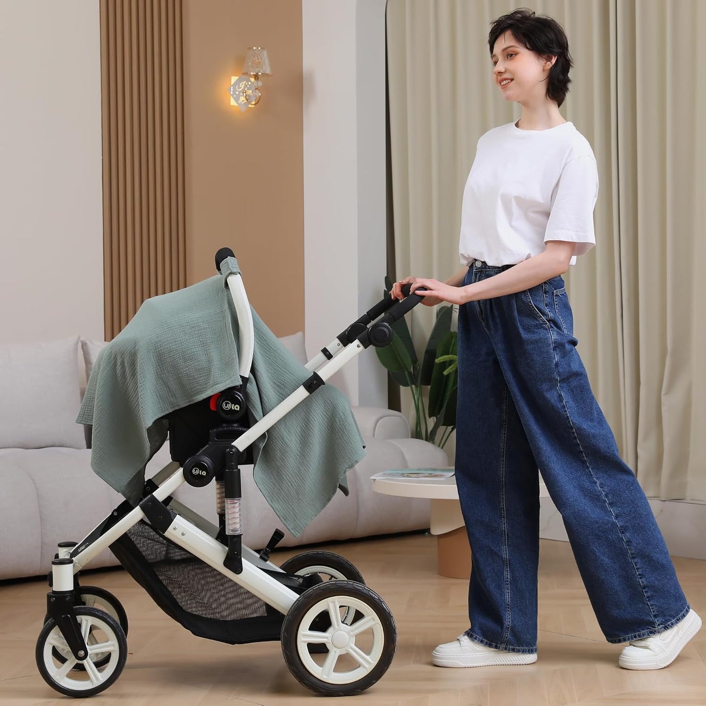 100% Muslin Cotton Car Seat Cover Baby, Carseat Canopy Cover, Universal Fit Stroller Covers for Boys and Girls (Roman Green)