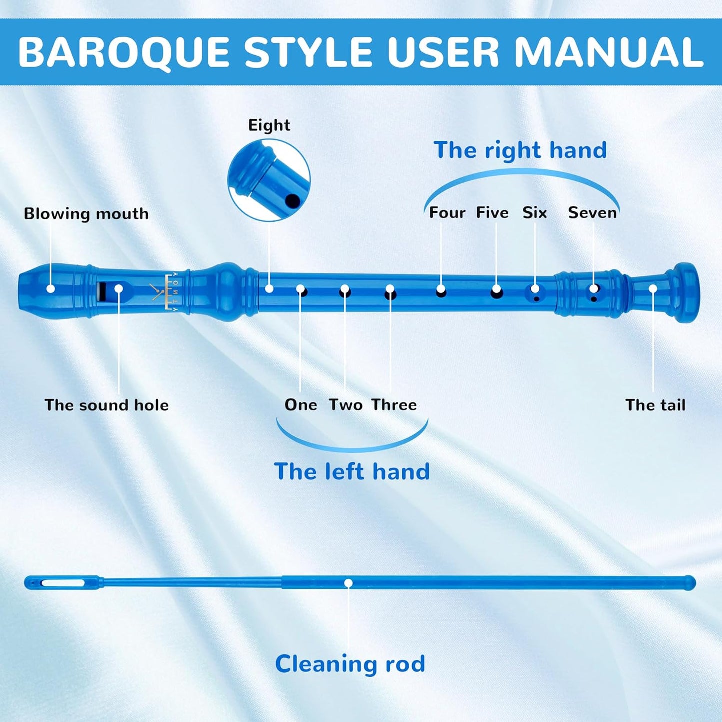 Soprano Recorder 8-Hole Instrument for Kids Beginners, Baroque Style C Key Kids Flute with Cleaning Rod & Case Bag for School Education Home Entertainment - Royal Blue