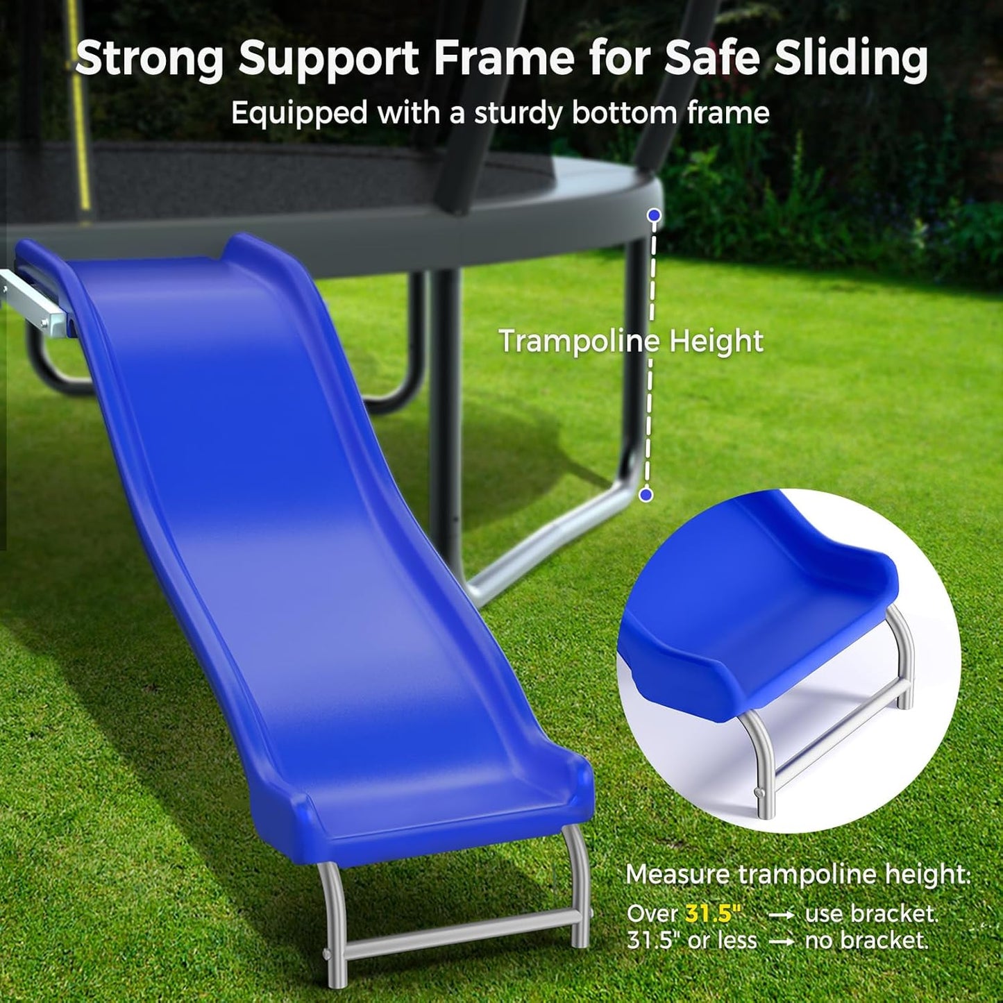 Heavy Duty Plastic Trampoline Slide with Support Frame for 8-16FT, Outdoor Plastic Slide for Trampoline, Adjustable Safer Trampoline Ladder for Kids 6+, 220 LBs Capacity, Blue