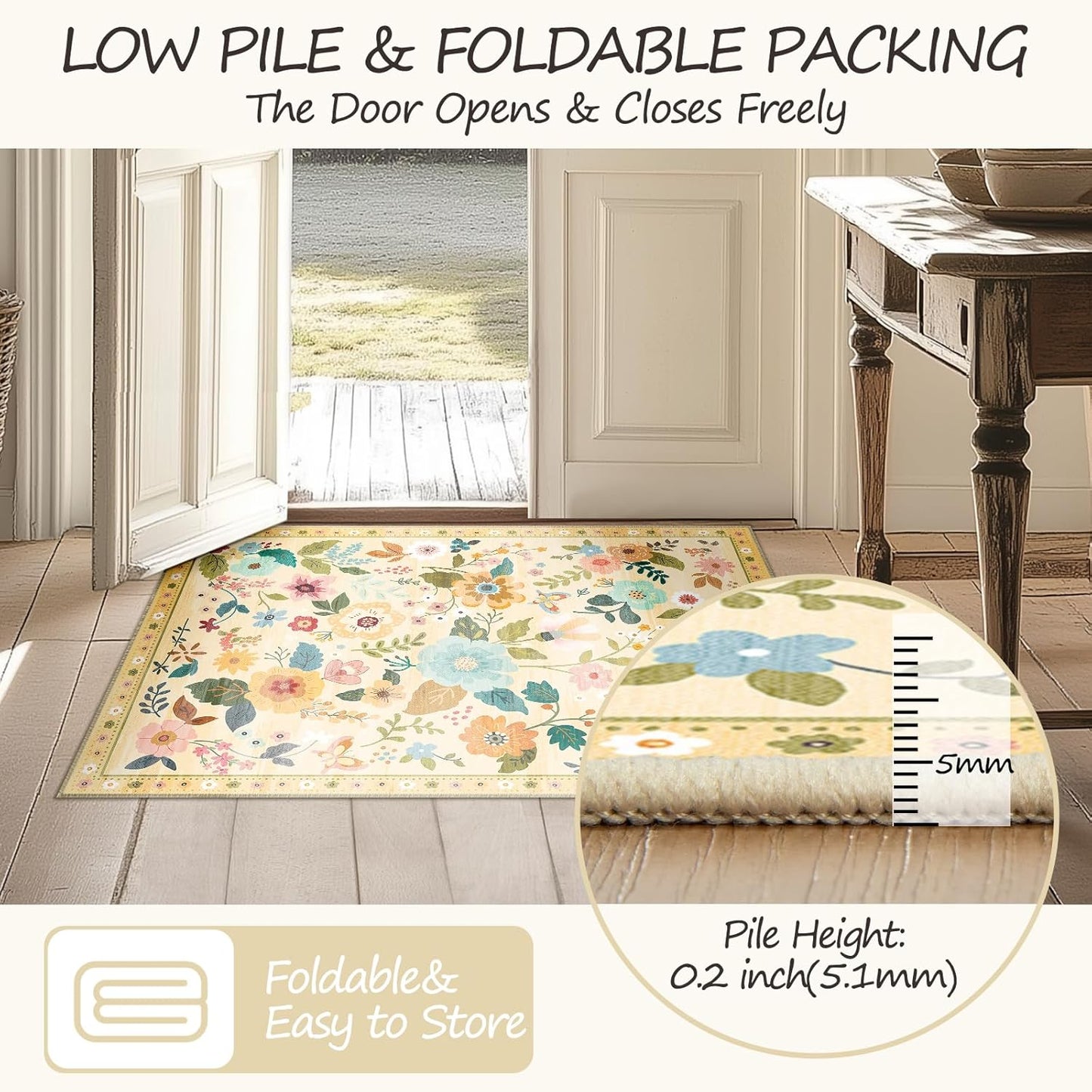 Floral 2x10 Area Rug Machine Washable Soft Print Boho Carpet Non Slip Doormat Low Pile Flower Area Rugs for Living Room Bedroom Nursery Kitchen Dining Room Indoor-Ivory/Yellow