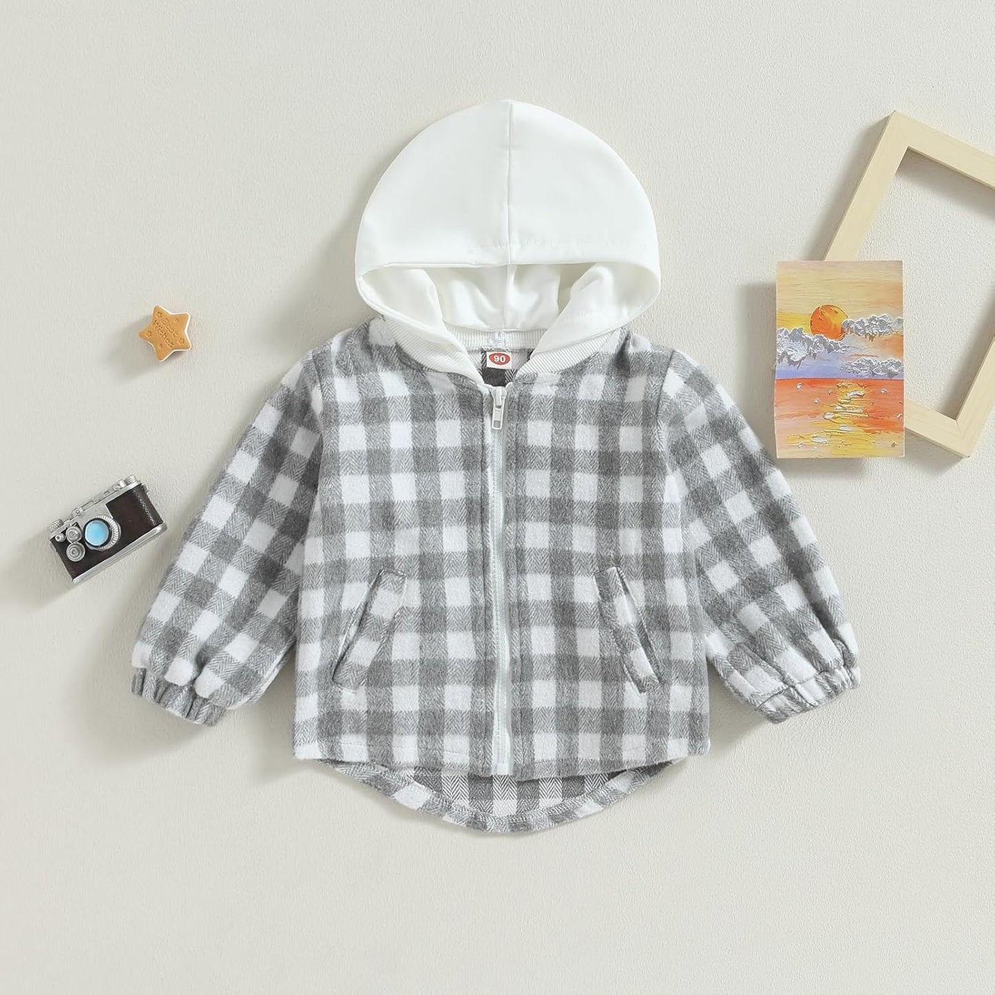 Douhoow Toddler Baby Plaid Jacket Baby Boy GIrl Flannel Hoodies Zip Up Hooded Fall Winter Outerwear Coat