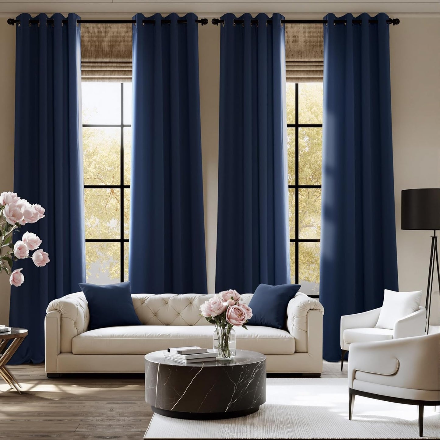 NICETOWN Blackout Curtains Panels for Bedroom, 2 Panels, 52 x 96 Inch, Navy, 3 Pass Microfiber Noise Reducing Thermal Insulated Solid Ring Top Blackout Window Drapes