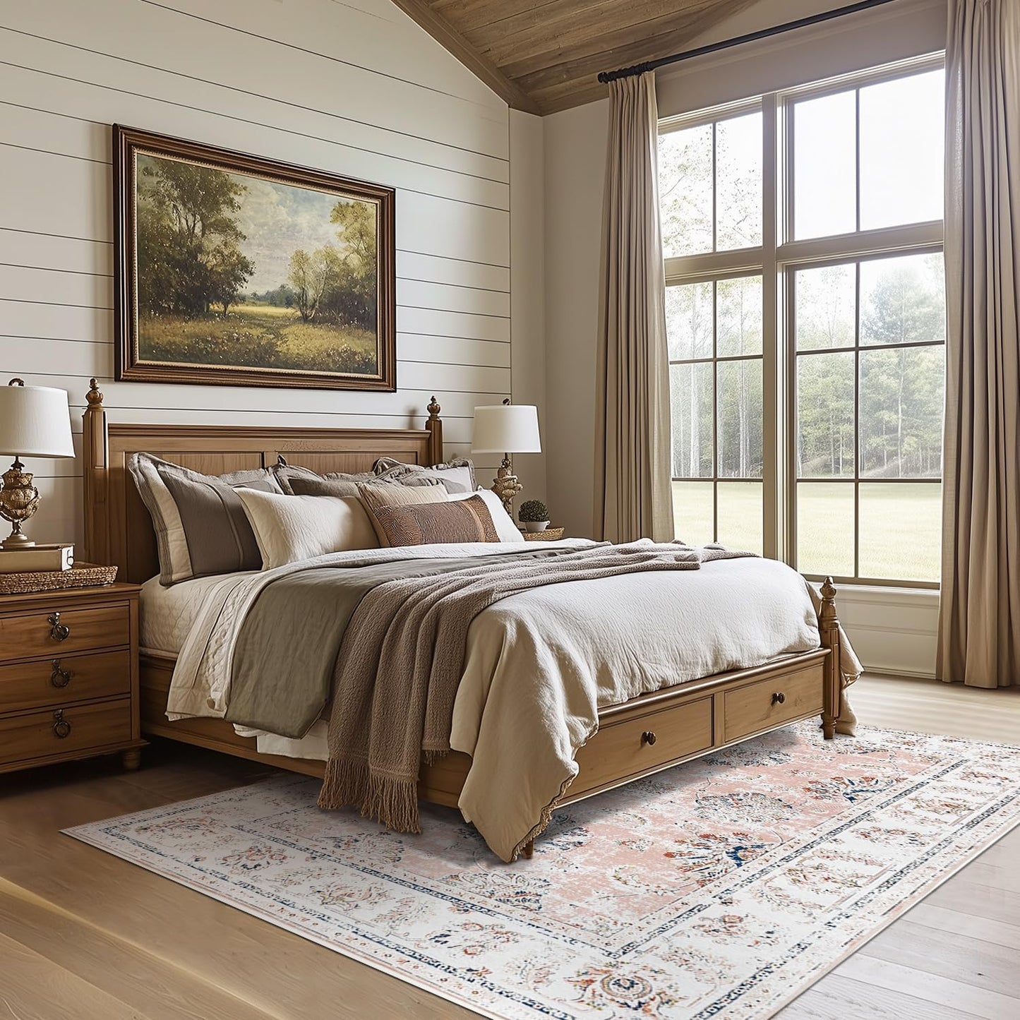 jinchan Washable Area Rug 5x7 Ultra-Thin Low Pile Non Slip Stain Resistant Soft Faux Wool Spring Floral Distressed Vintage Carpet for Bedroom,Living Room,Dining Room,Kitchen,Nursery(Pink, 5' x 7')