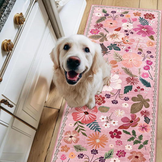 Pink Runner Rug 2x6 for Kitchen Machine Washable Non Slip with Rubber Backing Boho Vintage Floral Carpet Soft Stain Resistant Thin Long Rugs for Entrance Hallways Laundry Bedside Bathroom Girly Decor