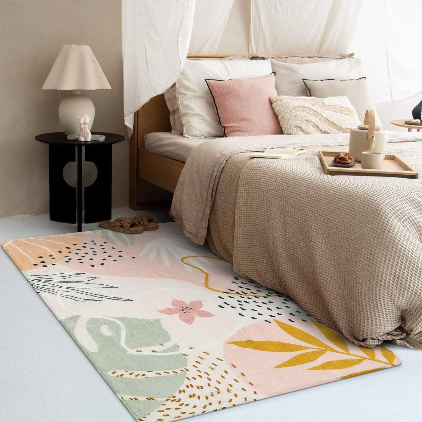 Lahome Pink Washable Living Room Area Rug - 3x5 Small Rugs for Bedroom Non-Slip Throw Soft Nursery Kids Room Low-Plie Boho Botanical Print Carpet for Kitchen Entryway Office Bath Laundry Dining Room