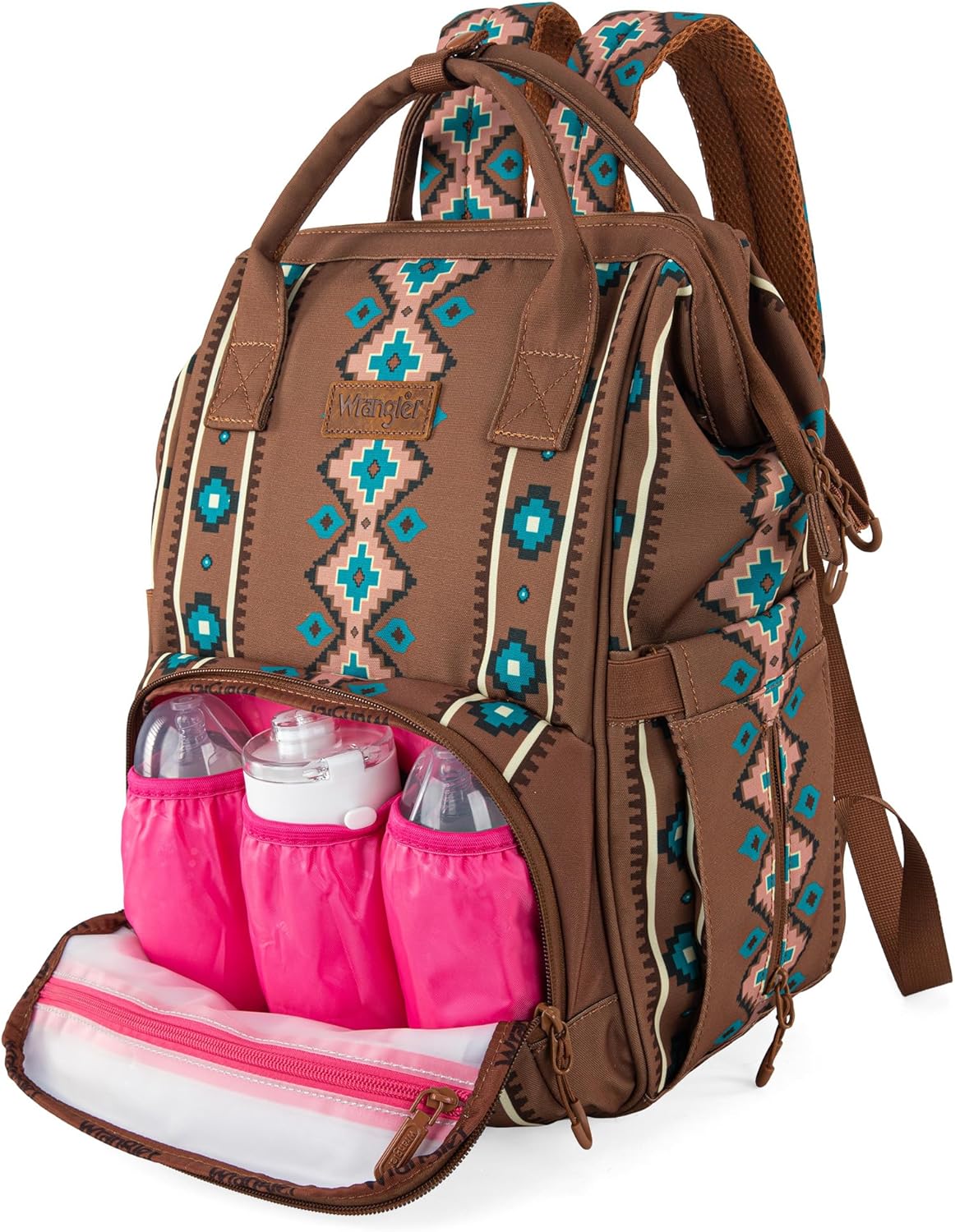 Wrangler Aztec Backpack Organized Daypack Travel Baby Bag with Stroller Strap and Side Bottle Pockets