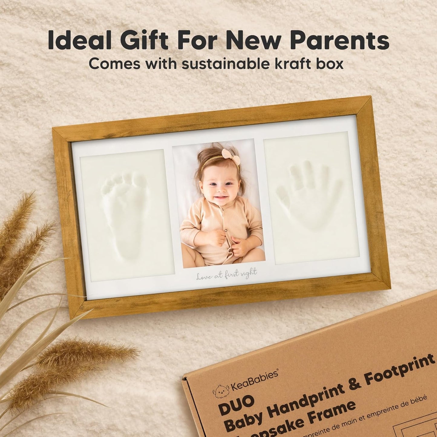 Baby Hand and Footprint Kit - Clay Handprint Keepsake Frame, Newborn Nursery Picture Frame, Personalized New Mom Gifts for Baby Shower & Registry (Golden Wheat)