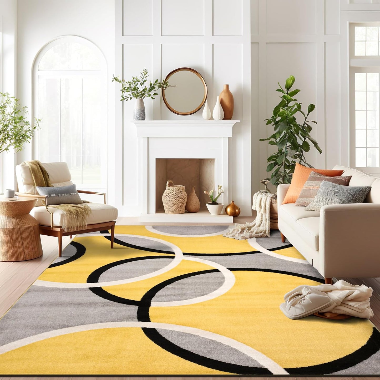Rugshop Contemporary Abstract Circles Easy Maintenance for Home Office,Living Room,Bedroom,Kitchen Soft Area Rug 10' x 14' Yellow