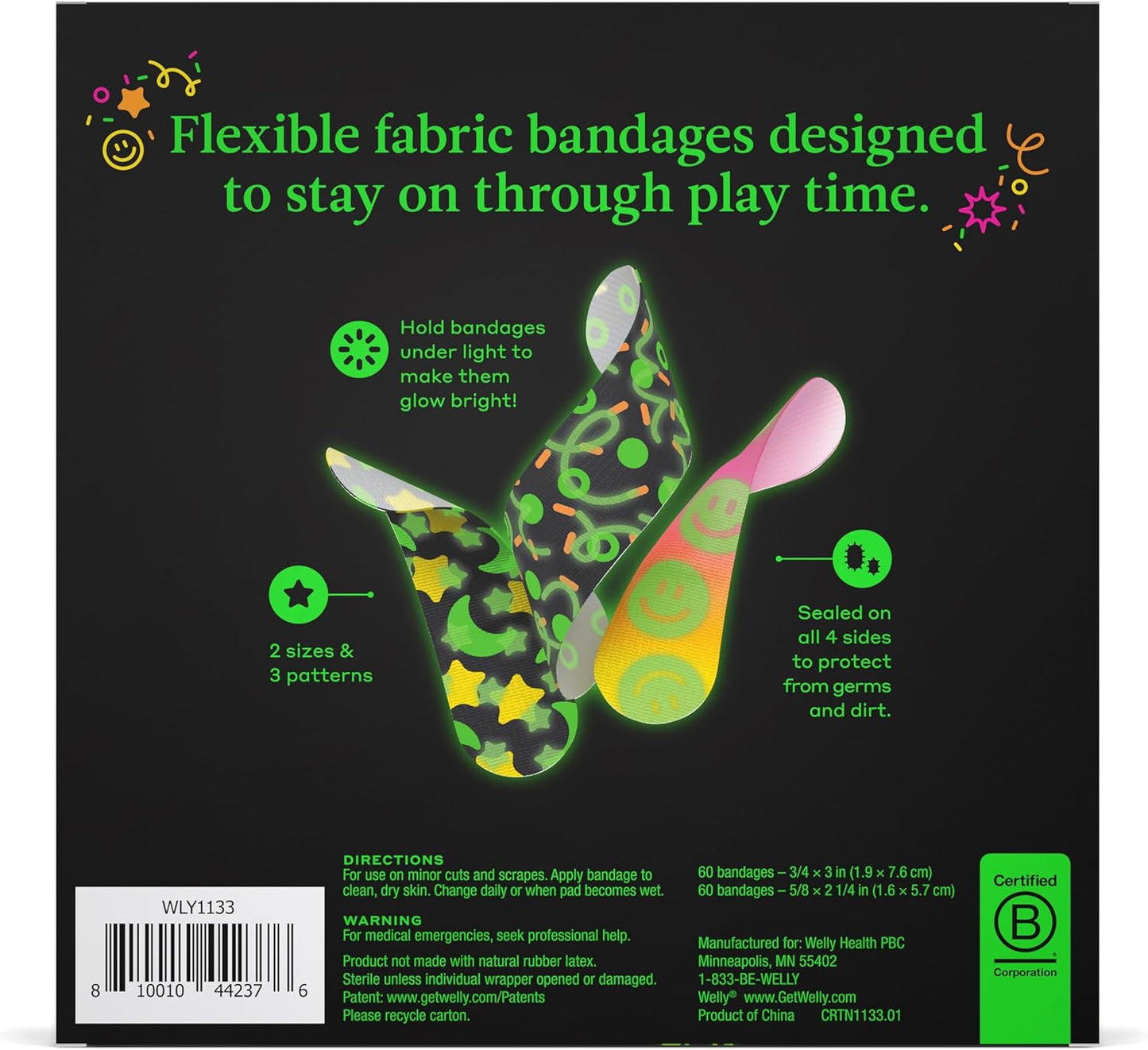 Welly Bandage Glow-in-The-Dark Refill Pack | Adhesive Flexible Fabric Bandages | Assorted Shapes and Patterns for Minor Cuts, Scrapes, and Wounds - 120 Count