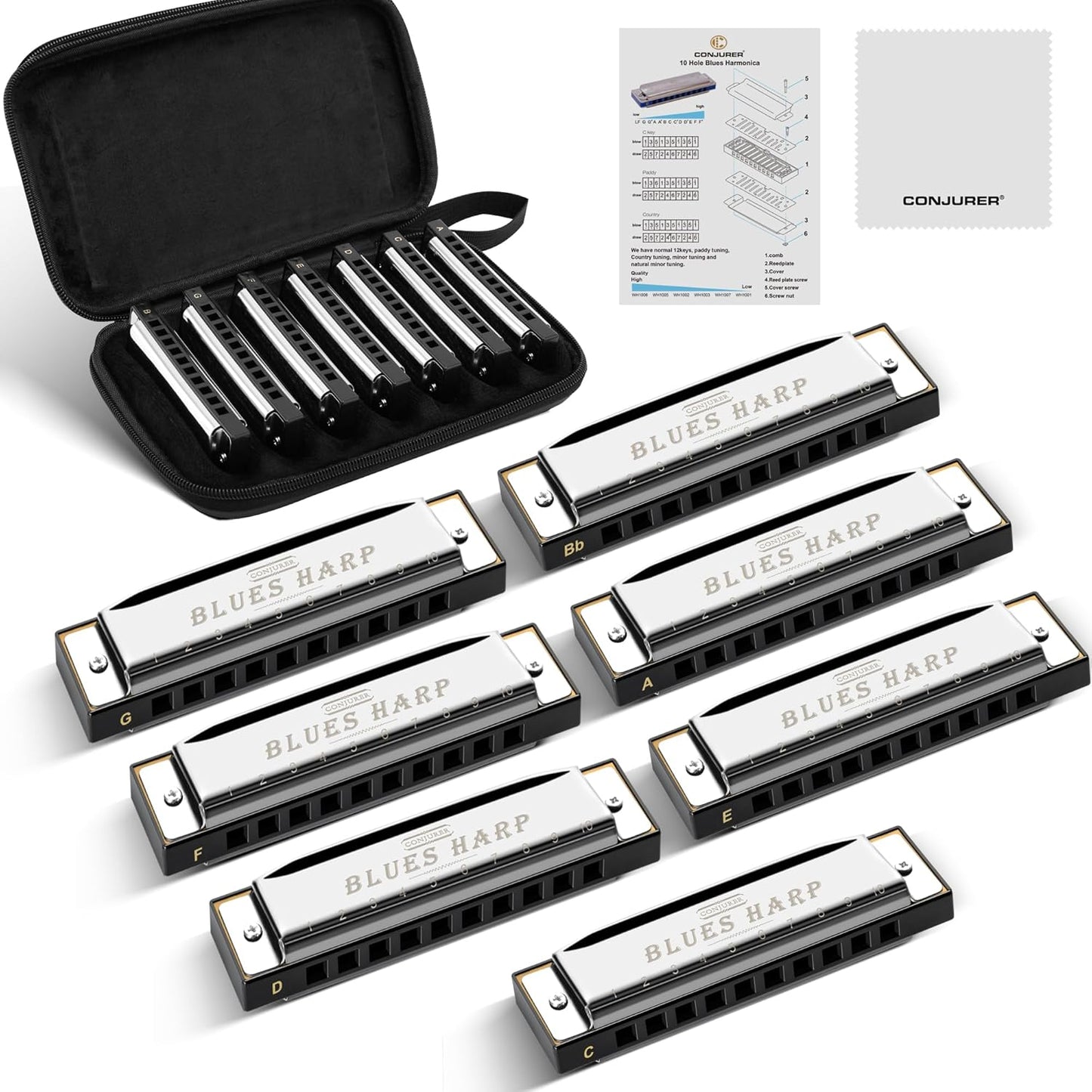 CONJURER Blues Harmonica for Beginners, 10 Hole F Key Diatonic Blues Harp with Stainless Steel Cover & Phosphor Bronze Reeds, Professional Grade for Adults, Gifts (Silver F)