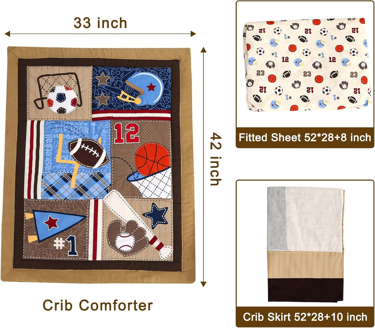 Wowelife Sports Crib Bedding Set for Boys, Premium 3-Piece Baby Bedding Set Brown Football Basketball Rugby Crib Bed Set Baseball Soft with Crib Comforter, Skirt and Sheet, Brown
