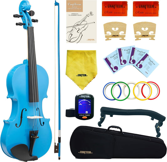 4/4 Full Size Fiddle Blue Colored Premium Violin Outfit for Beginners Adults Kids With 5 Color Fingering Tape- Handcrafted Student Beginner Violin.(Blue, 4/4 Full)