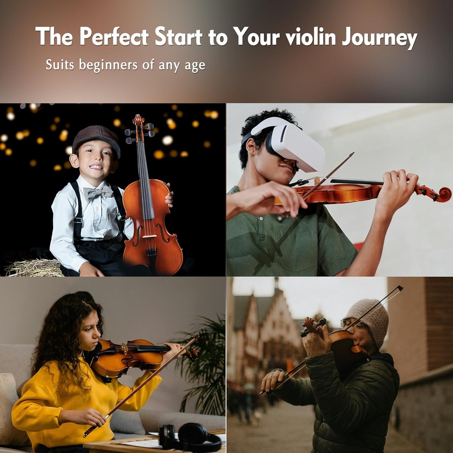 ADM 3/4 Size Wood Violin Set for Kids Teens Students Adults Beginner Acoustic Violin Matte Fiddle Starter Kit with Hard Case, Rosin, Shoulder Rest, Bow, Clip-on Tuner and Fingerboard Sticker