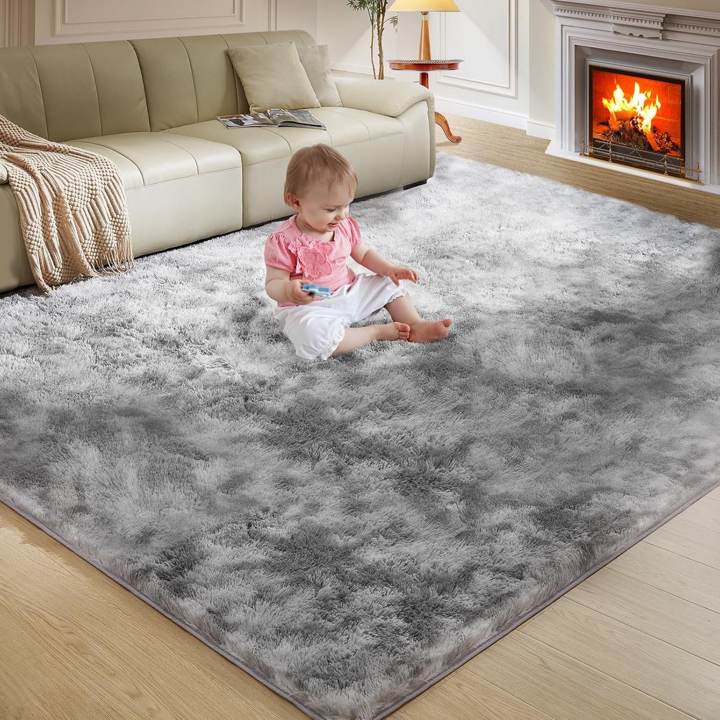Ultra Soft Rug for Living Room, 9X12 Fluffy Shag Area Rug for Bedroom, Modern Shaggy Carpets Fuzzy Rug for Teens Dorm Nursery Home Decor Aesthetic, Upgrade Anti-Skid Durable, Tie-Dyed Light Grey